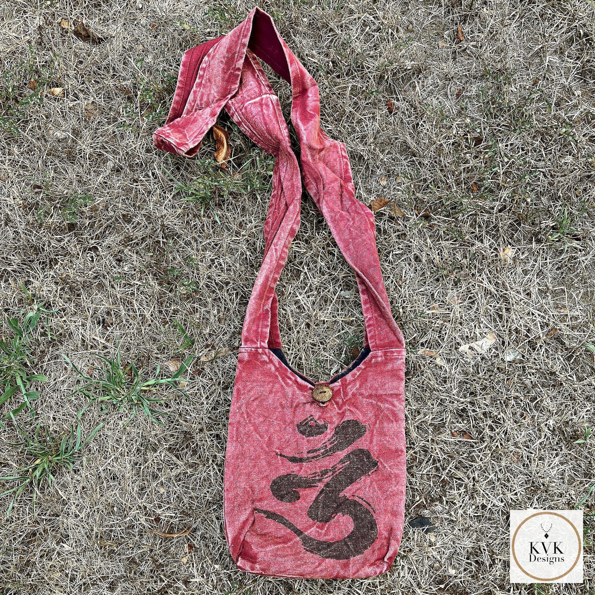Red Handmade Crossbody Bag with Spiritual OM Symbol - Hippie Style Shoulder Bag