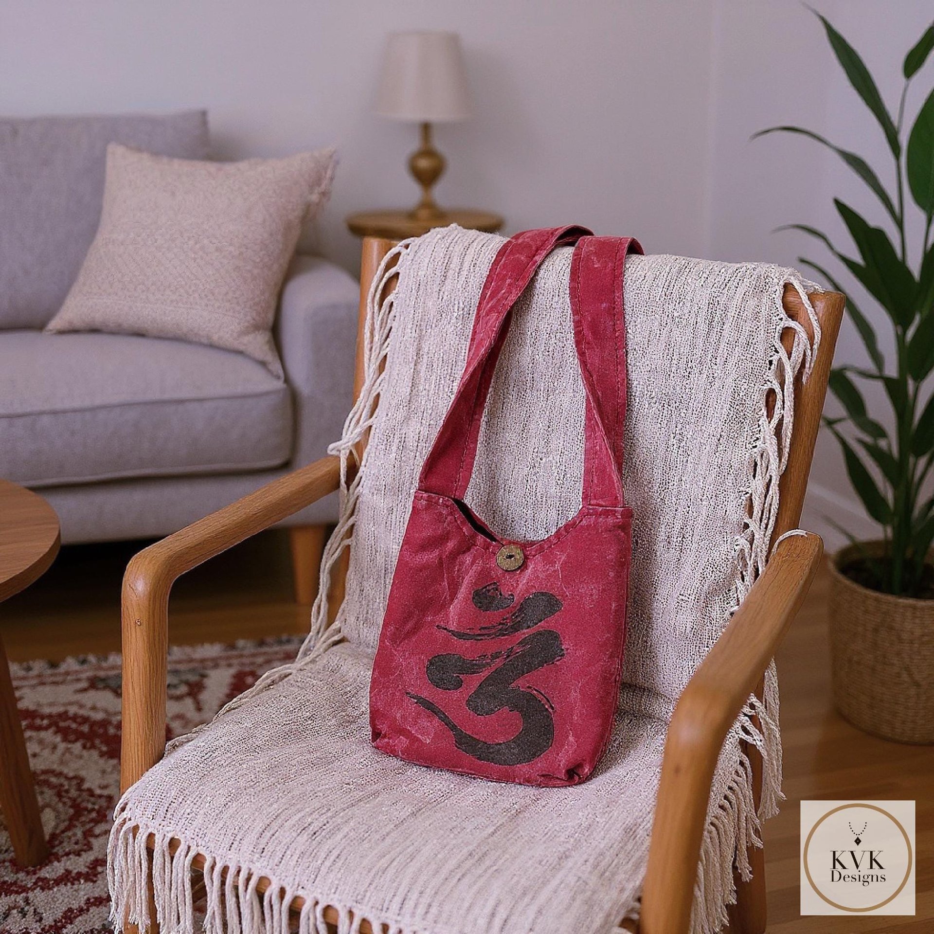 Red Handmade Crossbody Bag with Spiritual OM Symbol - Hippie Style Shoulder Bag