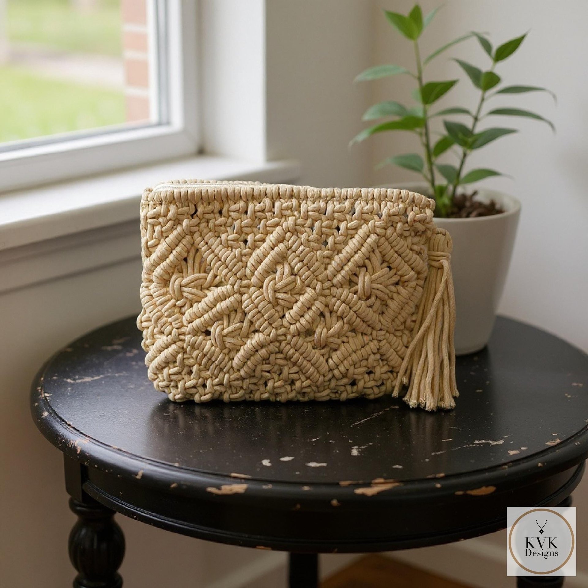 Tan Macramé Clutch Bag - Boho Bag, Summer Purse