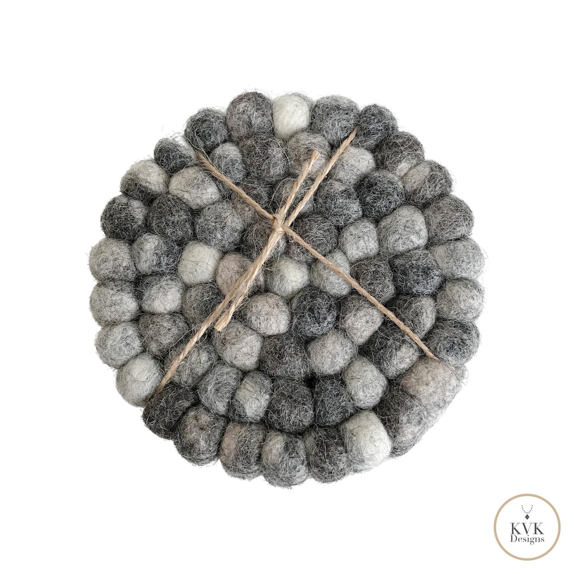 Mixed Gray Wool Felt Ball Coaster Set - Handmade Drink Coasters, Nepal