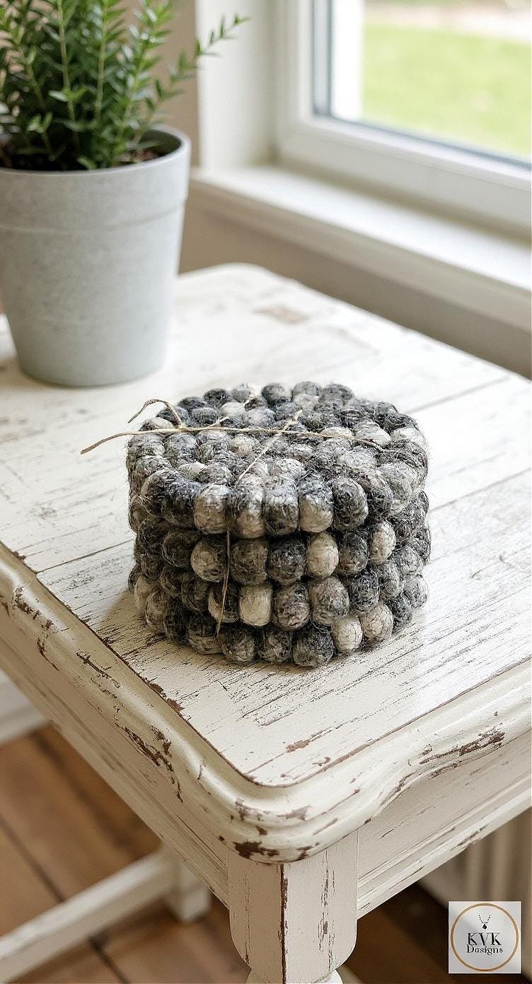 Mixed Gray Wool Felt Ball Coaster Set - Handmade Drink Coasters, Nepal