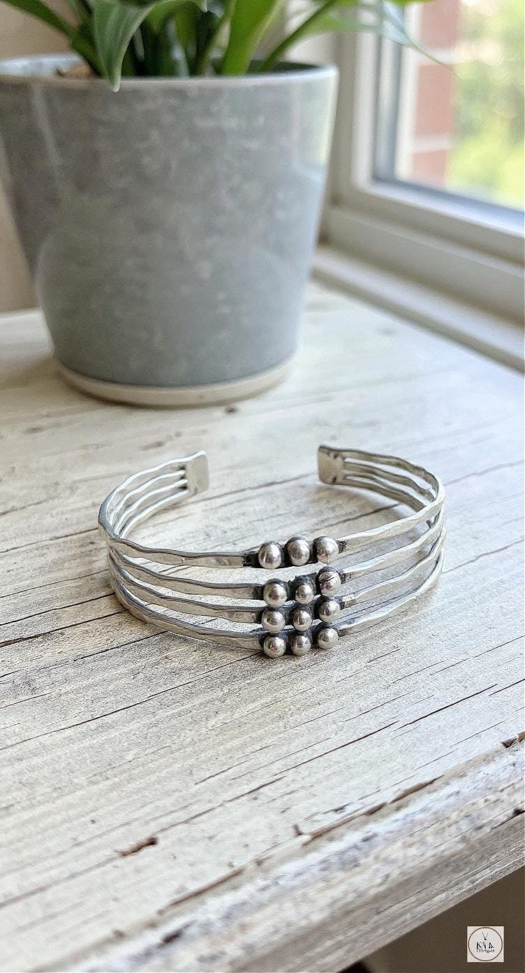 Hammered Silver Beaded Cuff Bracelet: Handcrafted Boho Jewelry