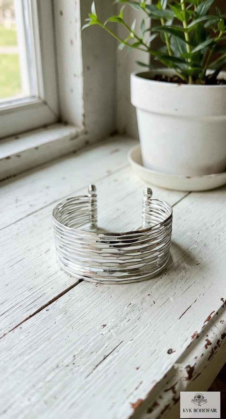 Wide Hammered Silver Cuff Bracelet: Handcrafted Boho Jewelry