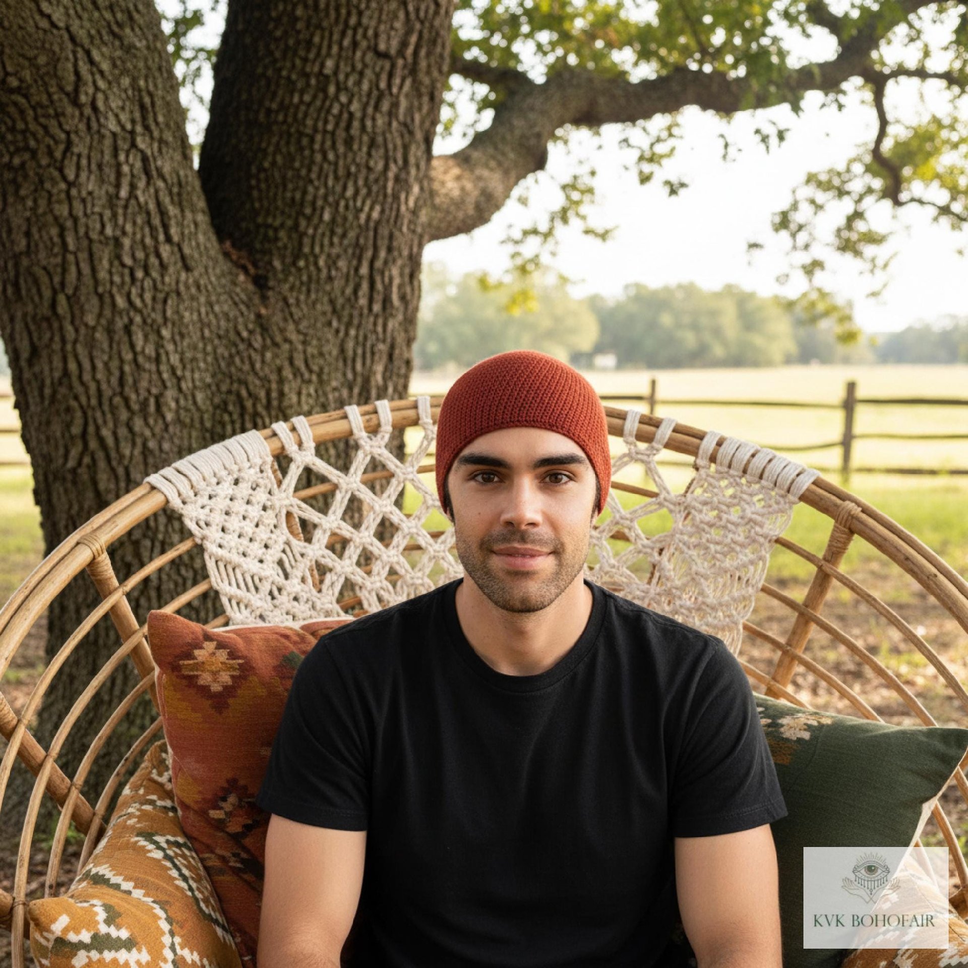 Red Kufi Skull Cap - Crocheted Beanie Hat, Ethically sourced