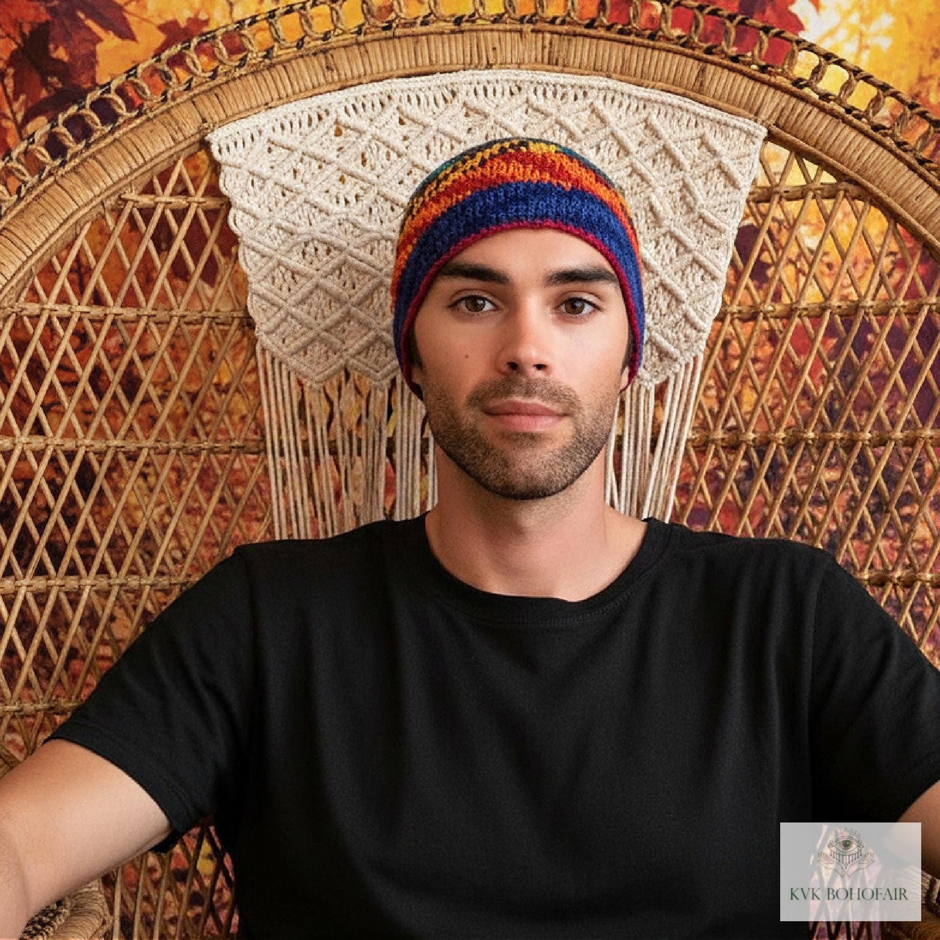 Rainbow Kufi Skull Cap - Crocheted Beanie Hat, Ethically sourced