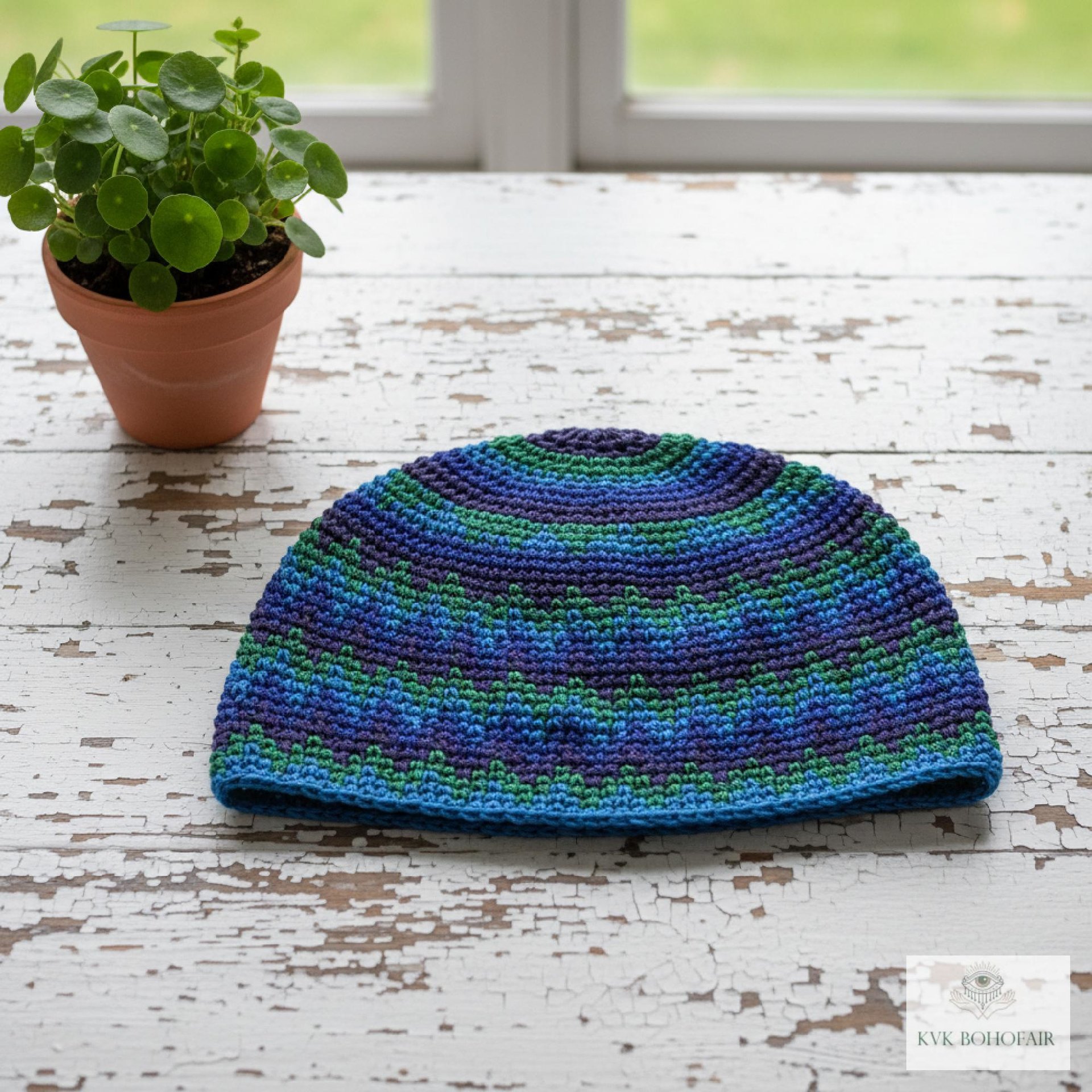 Blue Zig Zag Kufi Skull Cap - Crocheted Beanie Hat, Ethically sourced