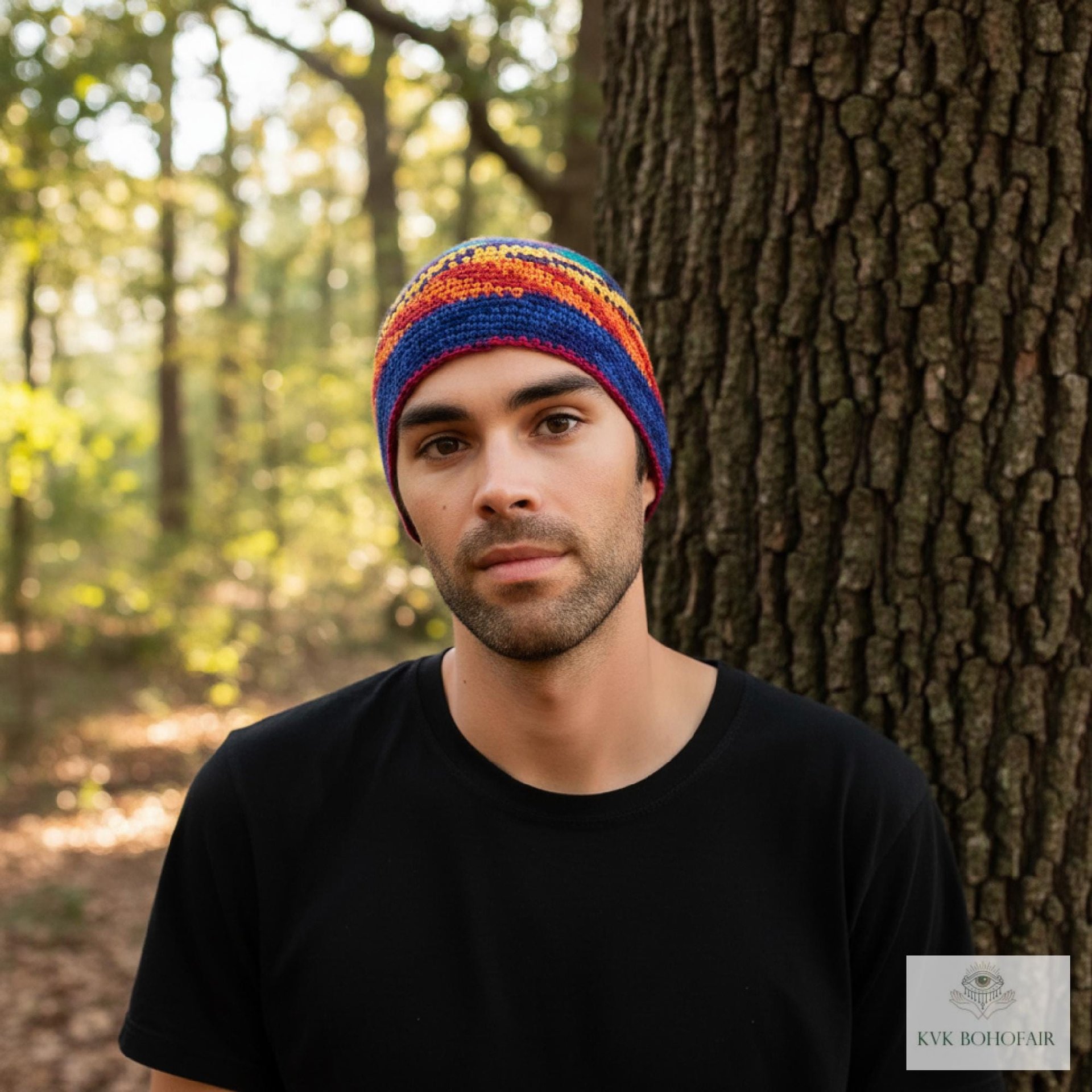 Rainbow Kufi Skull Cap - Crocheted Beanie Hat, Ethically sourced