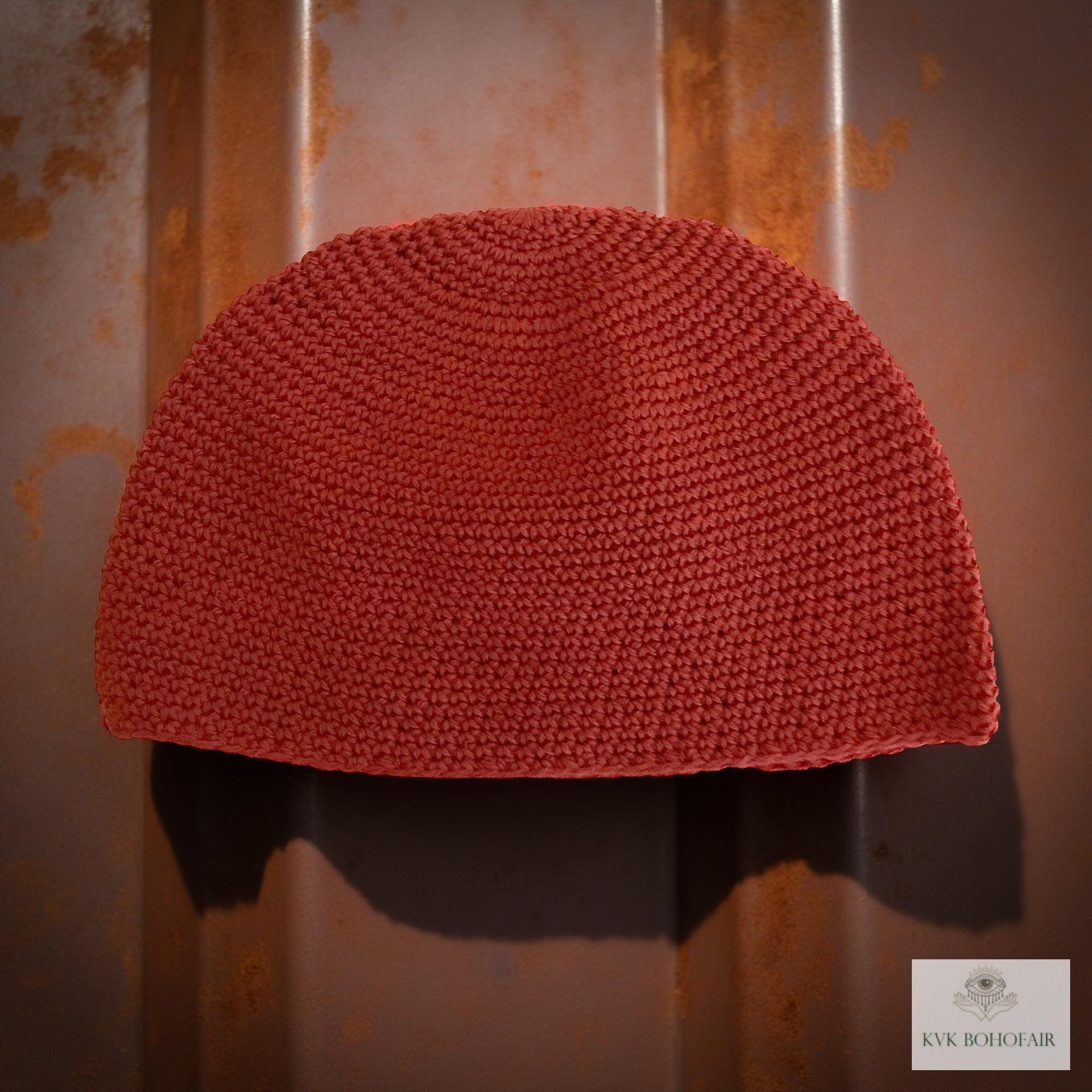 Red Kufi Skull Cap - Crocheted Beanie Hat, Ethically sourced