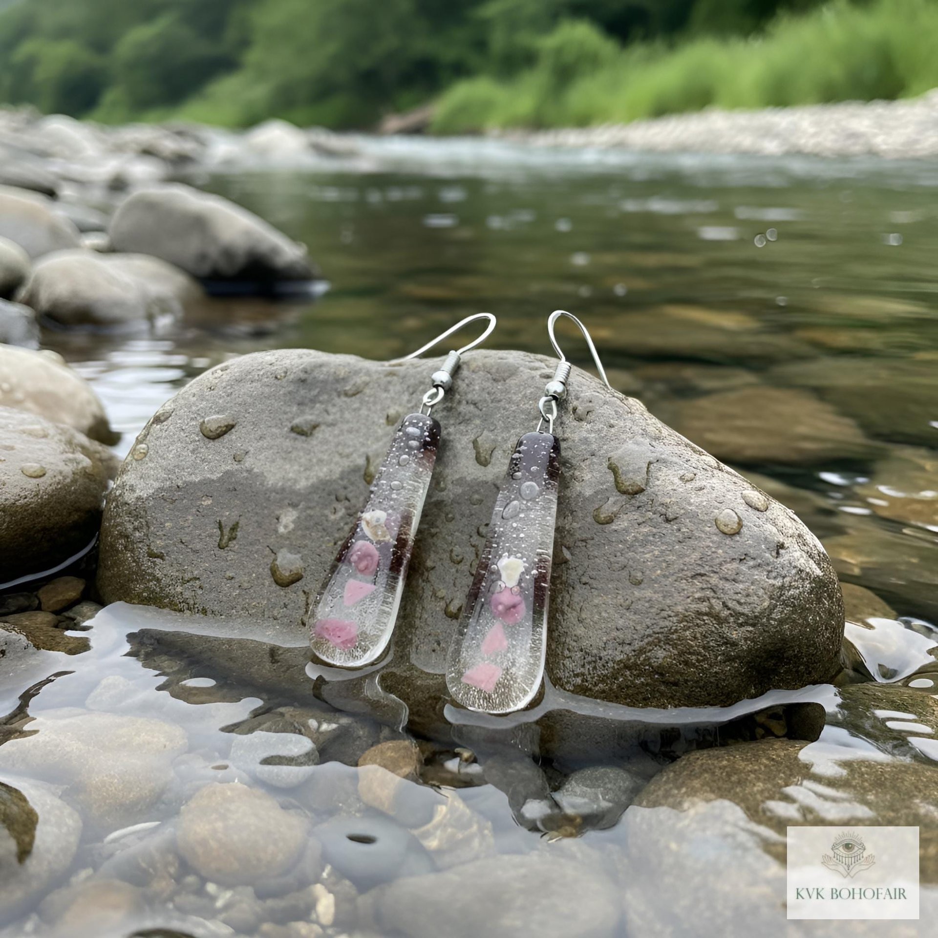 Handcrafted Purple Fused Dichroic Glass Earrings - Boho Teardrop Dangle Earrings