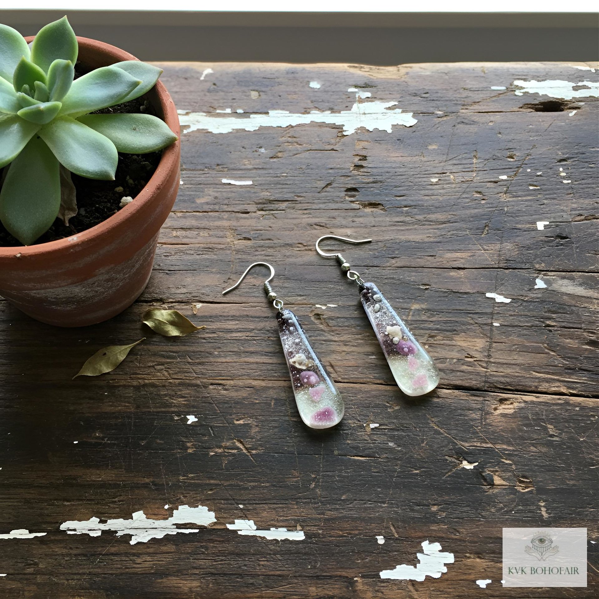 Handcrafted Purple Fused Dichroic Glass Earrings - Boho Teardrop Dangle Earrings