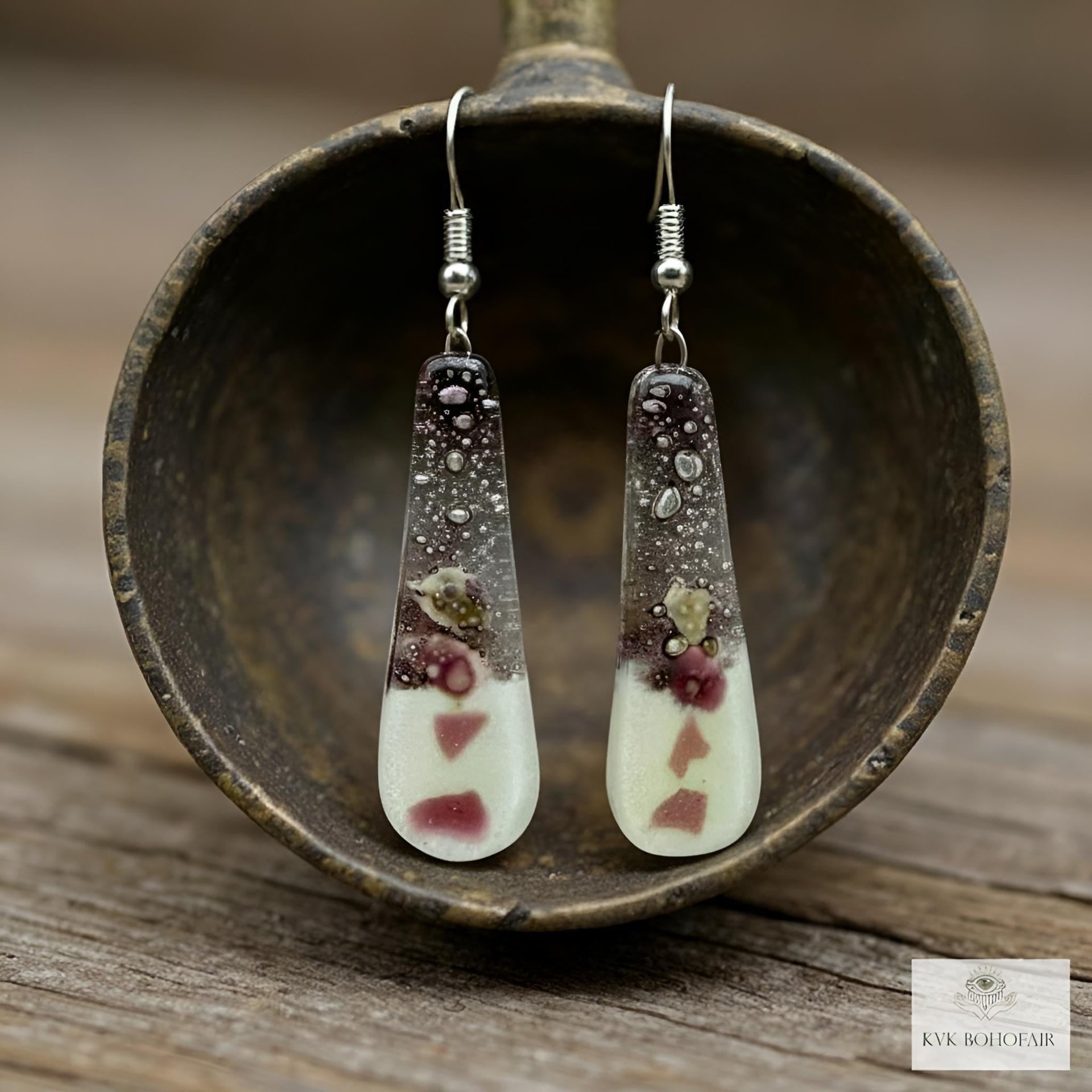 Handcrafted Purple Fused Dichroic Glass Earrings - Boho Teardrop Dangle Earrings