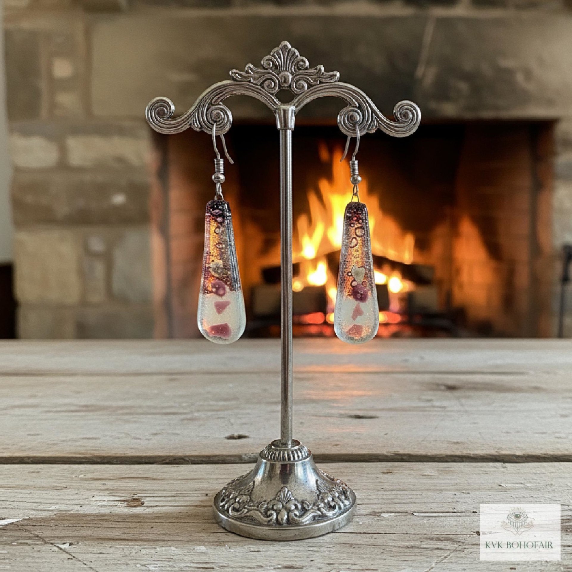 Handcrafted Purple Fused Dichroic Glass Earrings - Boho Teardrop Dangle Earrings