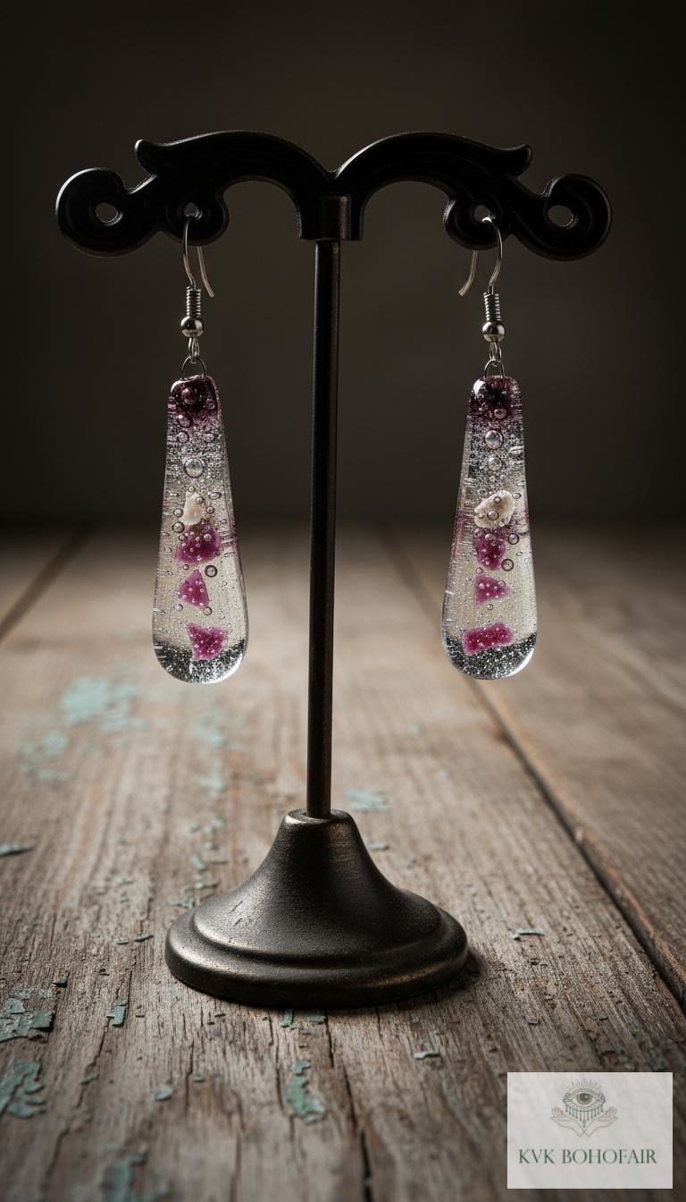 Handcrafted Purple Fused Dichroic Glass Earrings - Boho Teardrop Dangle Earrings