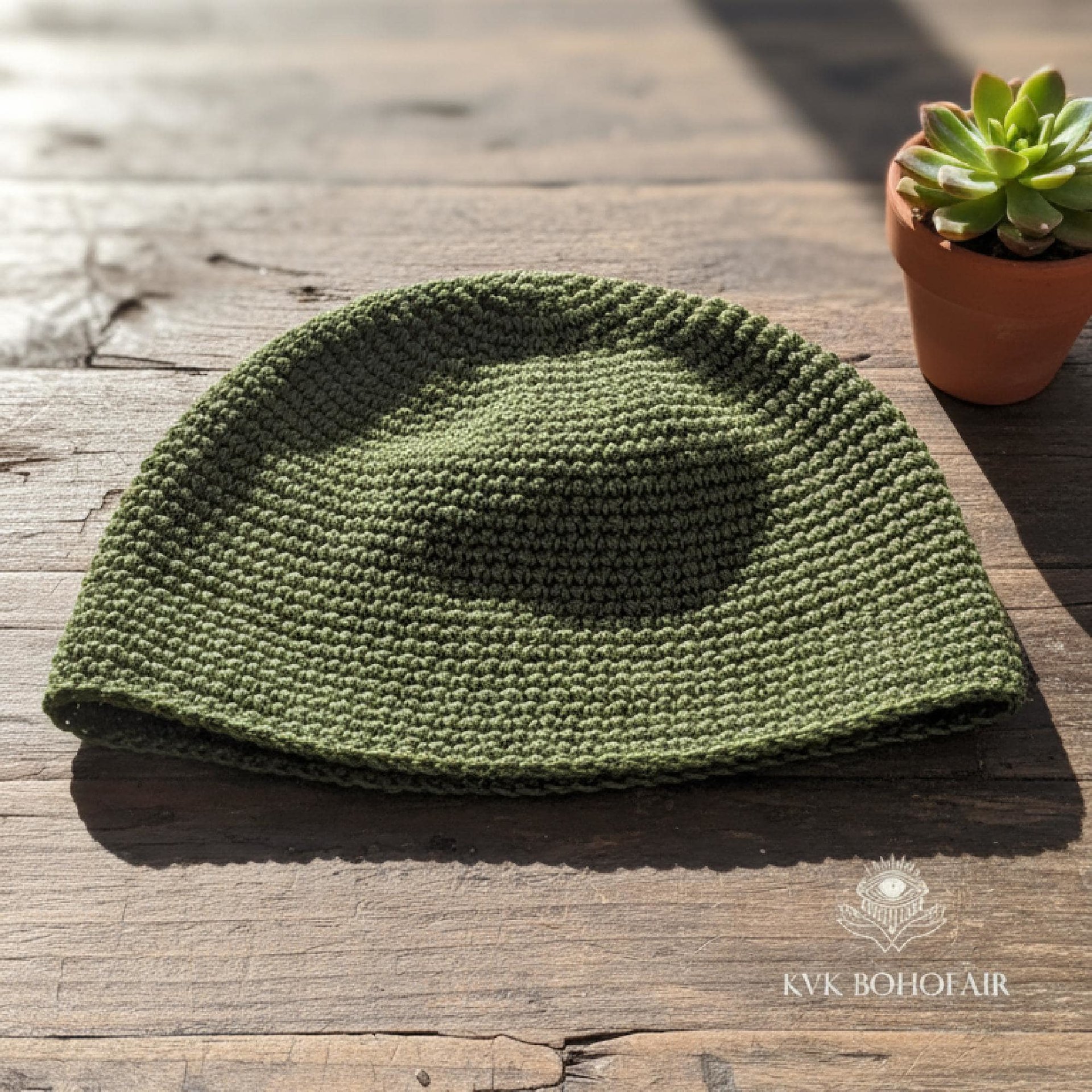 Olive Green Kufi Skull Cap - Crocheted Beanie Hat, Ethically sourced