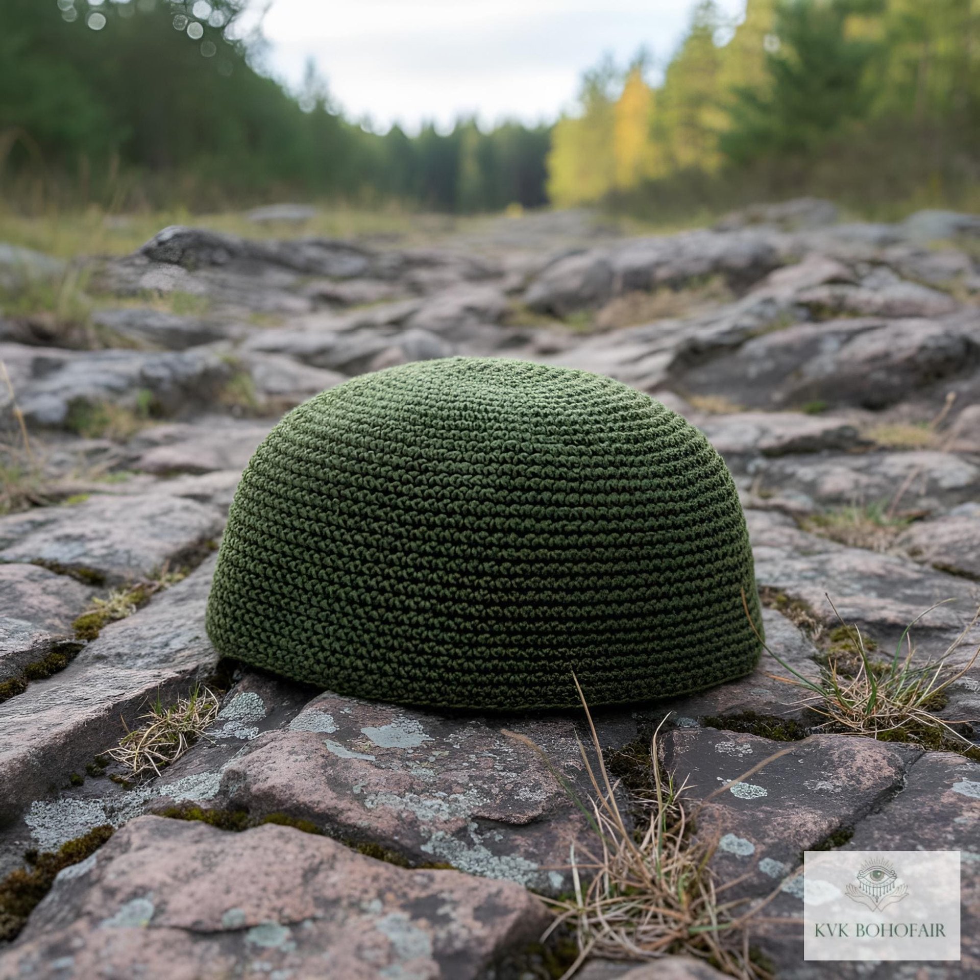 Olive Green Kufi Skull Cap - Crocheted Beanie Hat, Ethically sourced