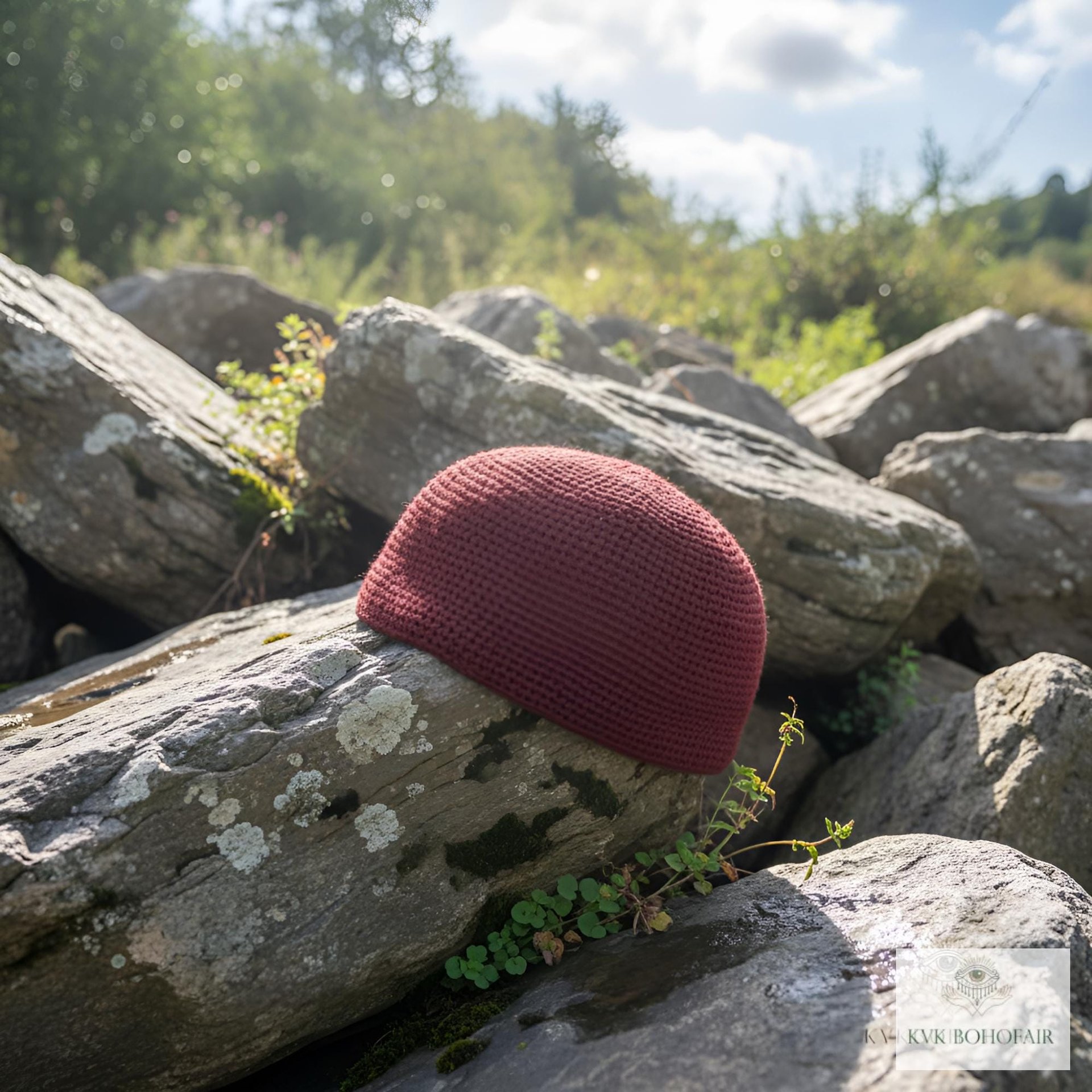 Maroon Kufi Skull Cap - Crocheted Beanie Hat, Ethically sourced