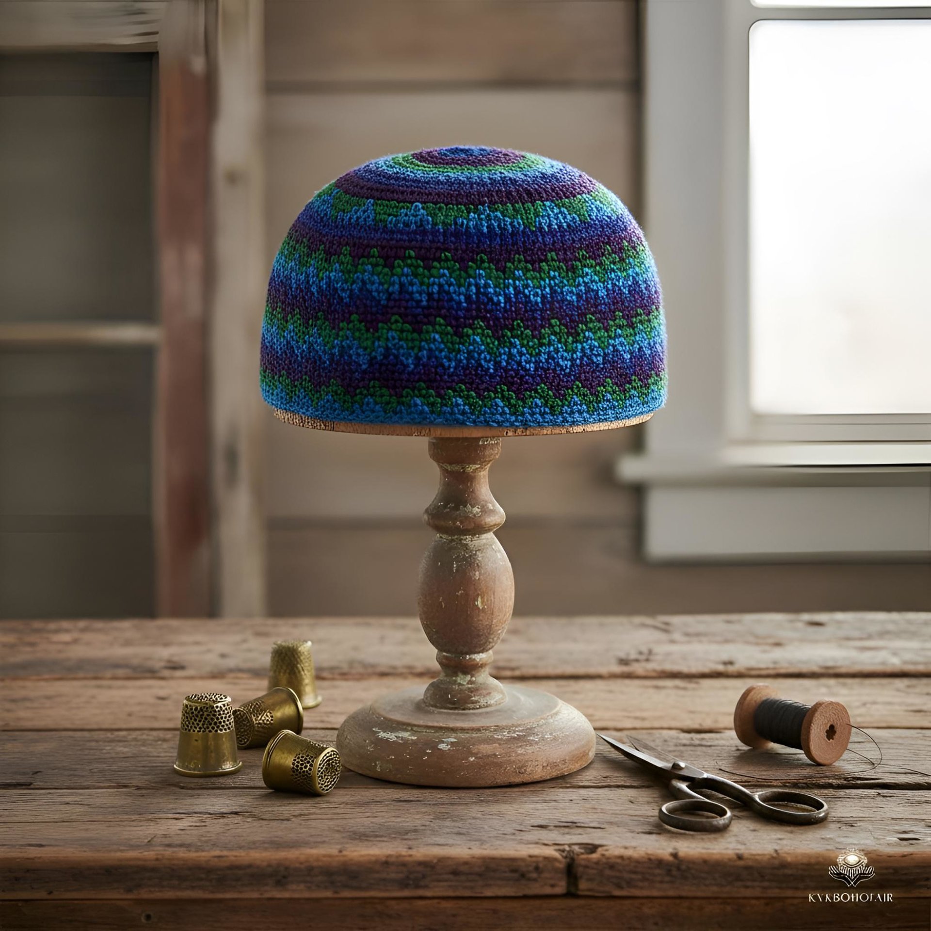 Blue Zig Zag Kufi Skull Cap - Crocheted Beanie Hat, Ethically sourced