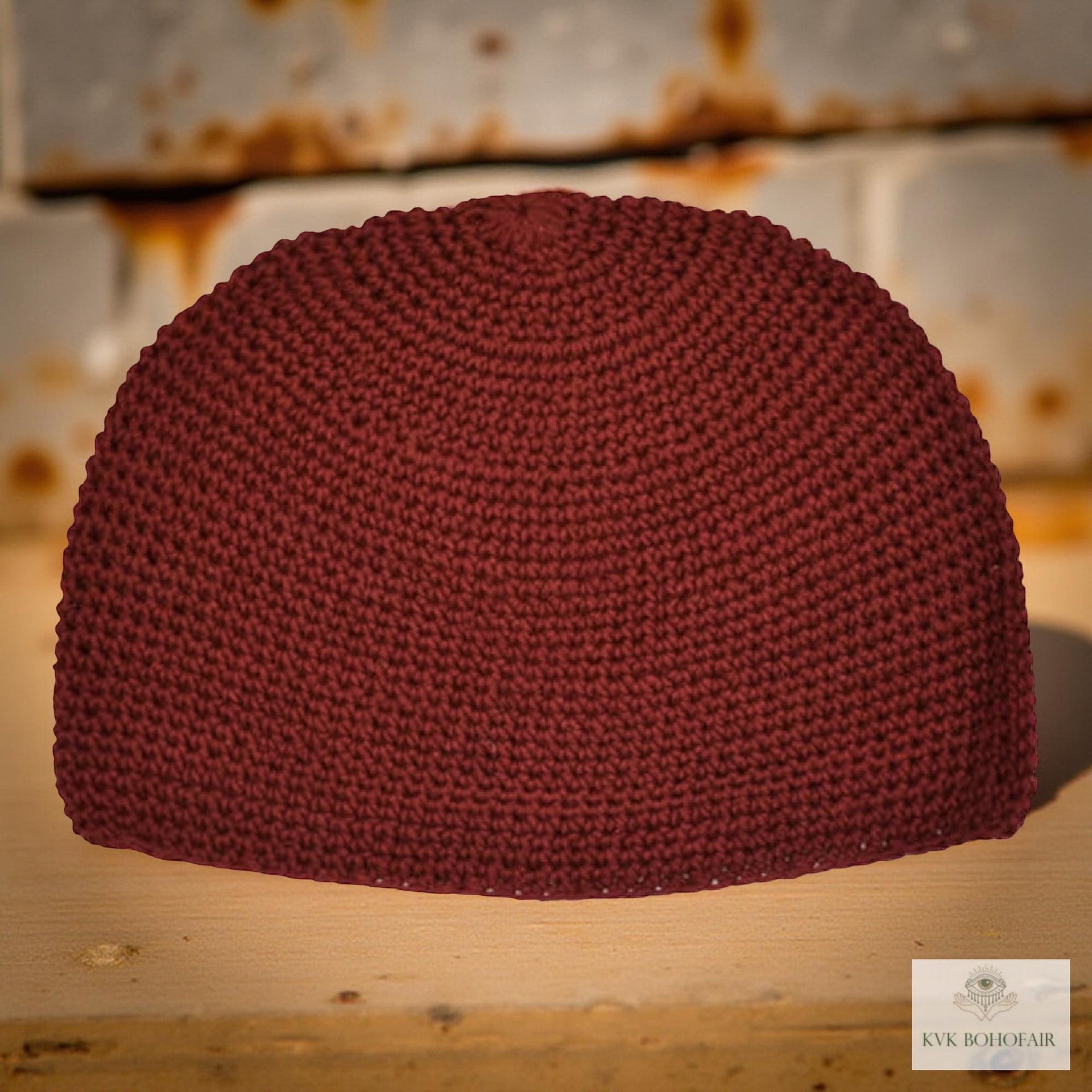 Maroon Kufi Skull Cap - Crocheted Beanie Hat, Ethically sourced