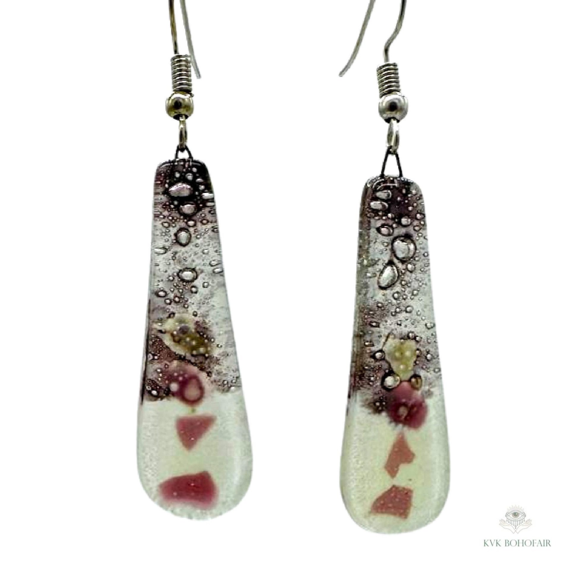 Handcrafted Purple Fused Dichroic Glass Earrings - Boho Teardrop Dangle Earrings