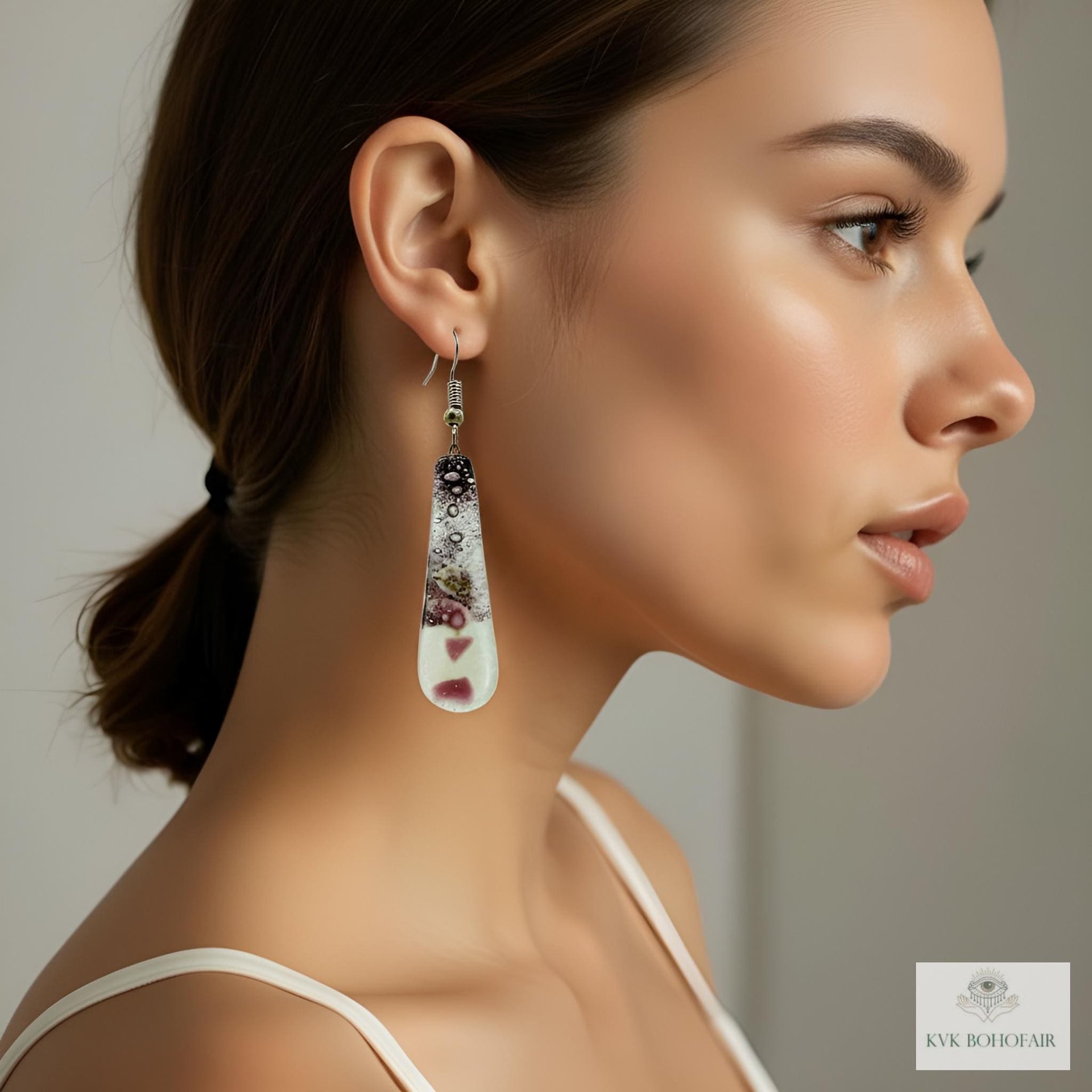 Handcrafted Purple Fused Dichroic Glass Earrings - Boho Teardrop Dangle Earrings