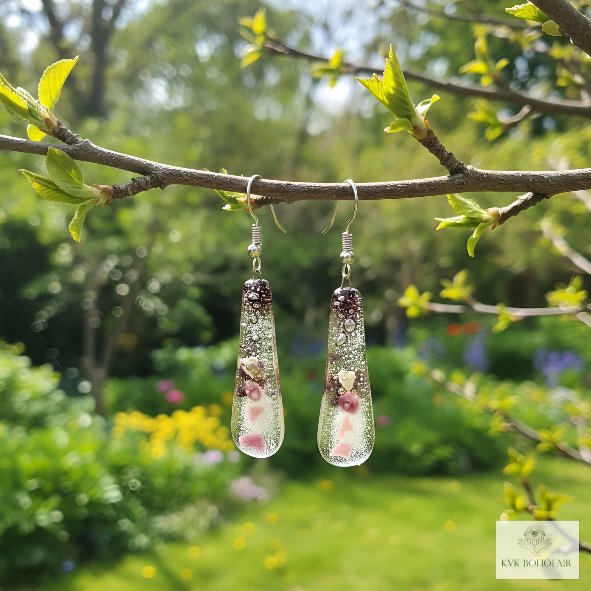 Handcrafted Purple Fused Dichroic Glass Earrings - Boho Teardrop Dangle Earrings