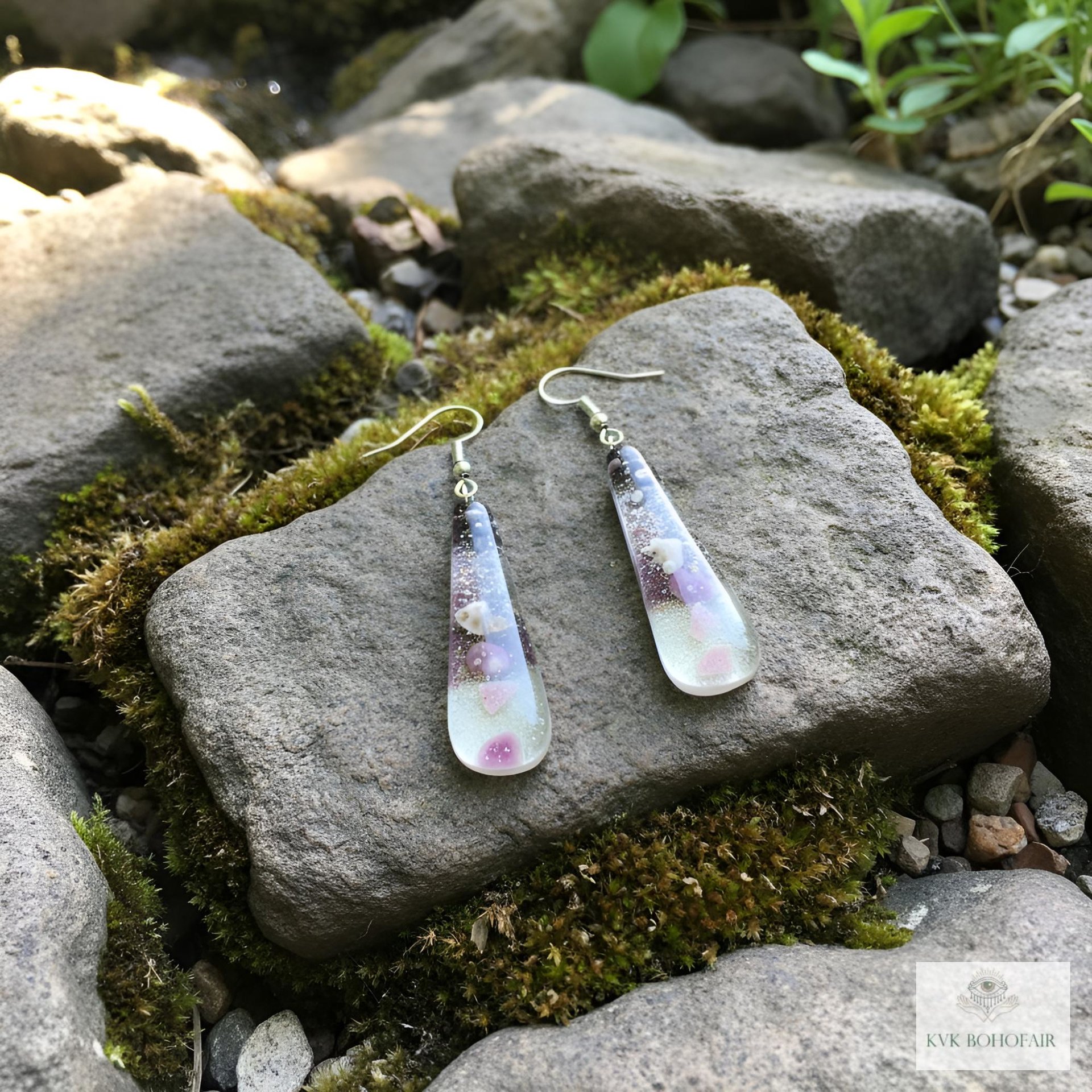 Handcrafted Purple Fused Dichroic Glass Earrings - Boho Teardrop Dangle Earrings