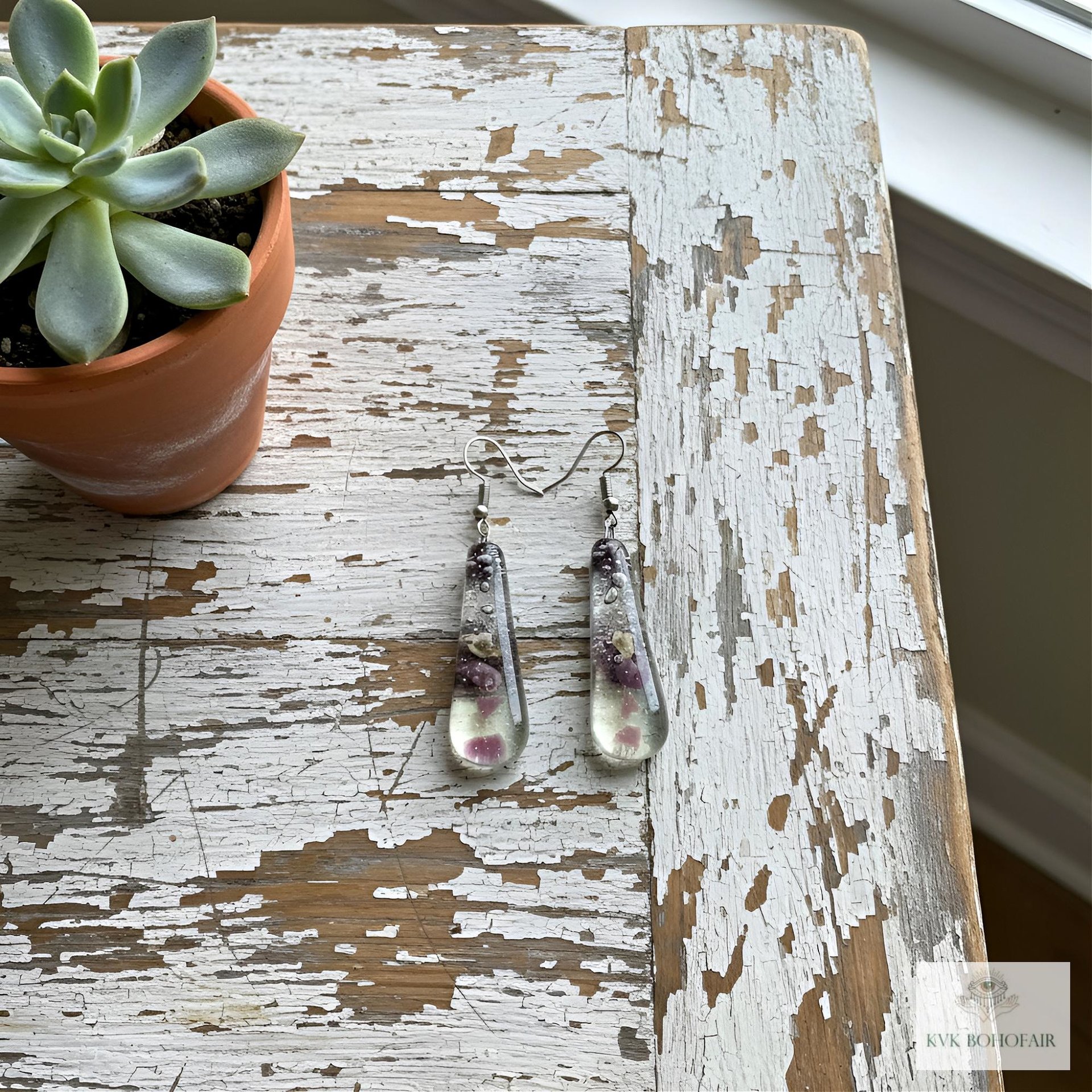 Handcrafted Purple Fused Dichroic Glass Earrings - Boho Teardrop Dangle Earrings