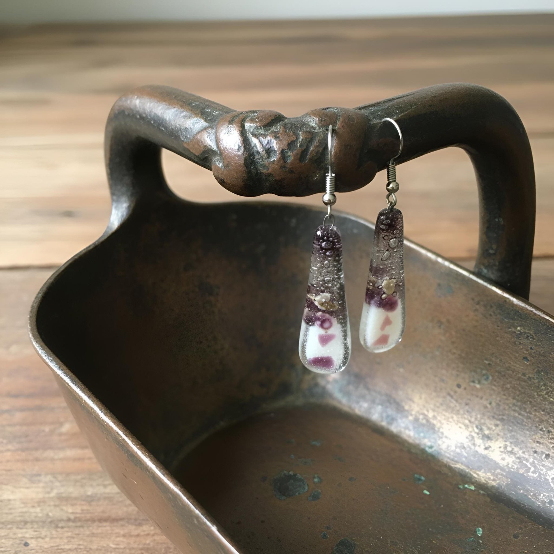 Handcrafted Purple Fused Dichroic Glass Earrings - Boho Teardrop Dangle Earrings