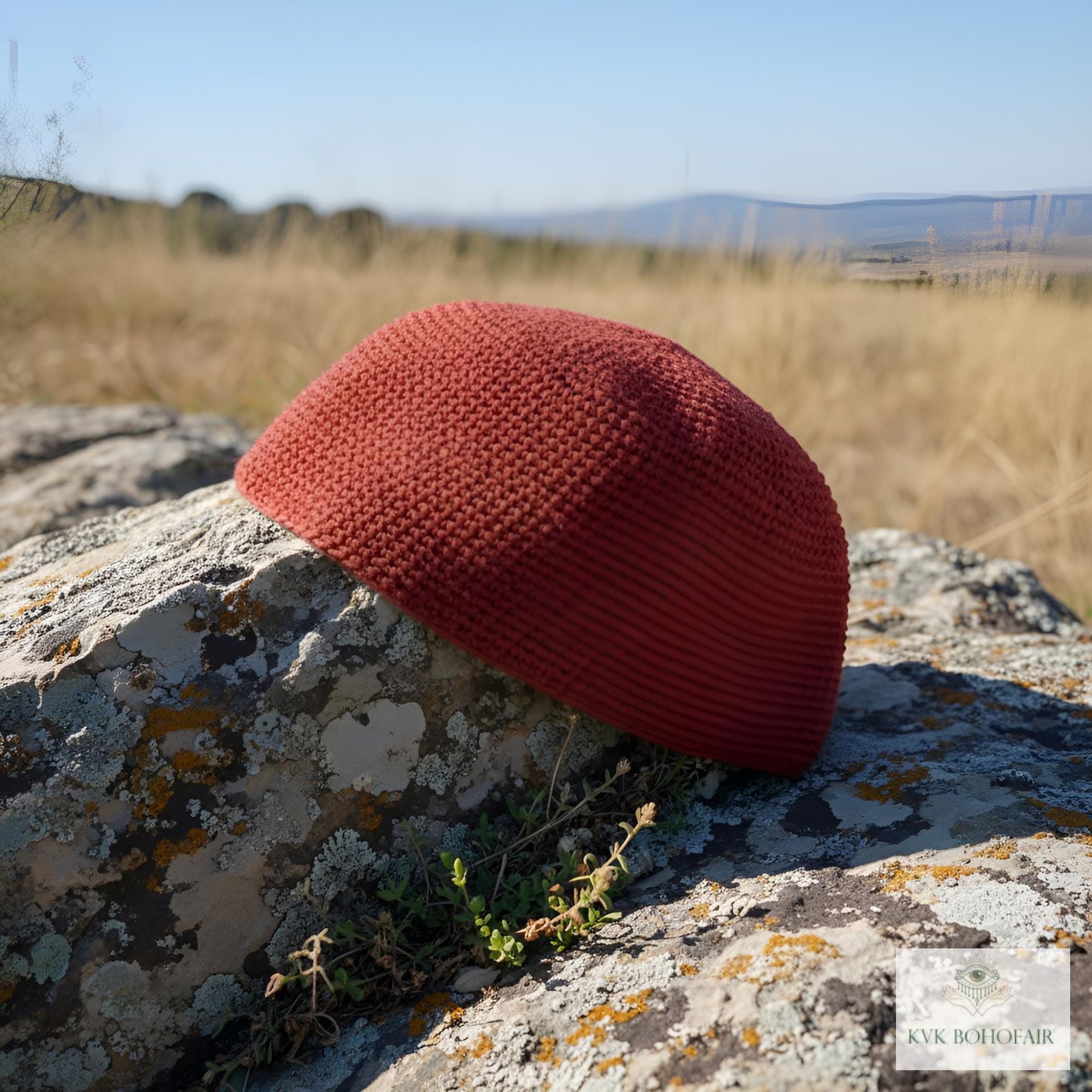 Red Kufi Skull Cap - Crocheted Beanie Hat, Ethically sourced