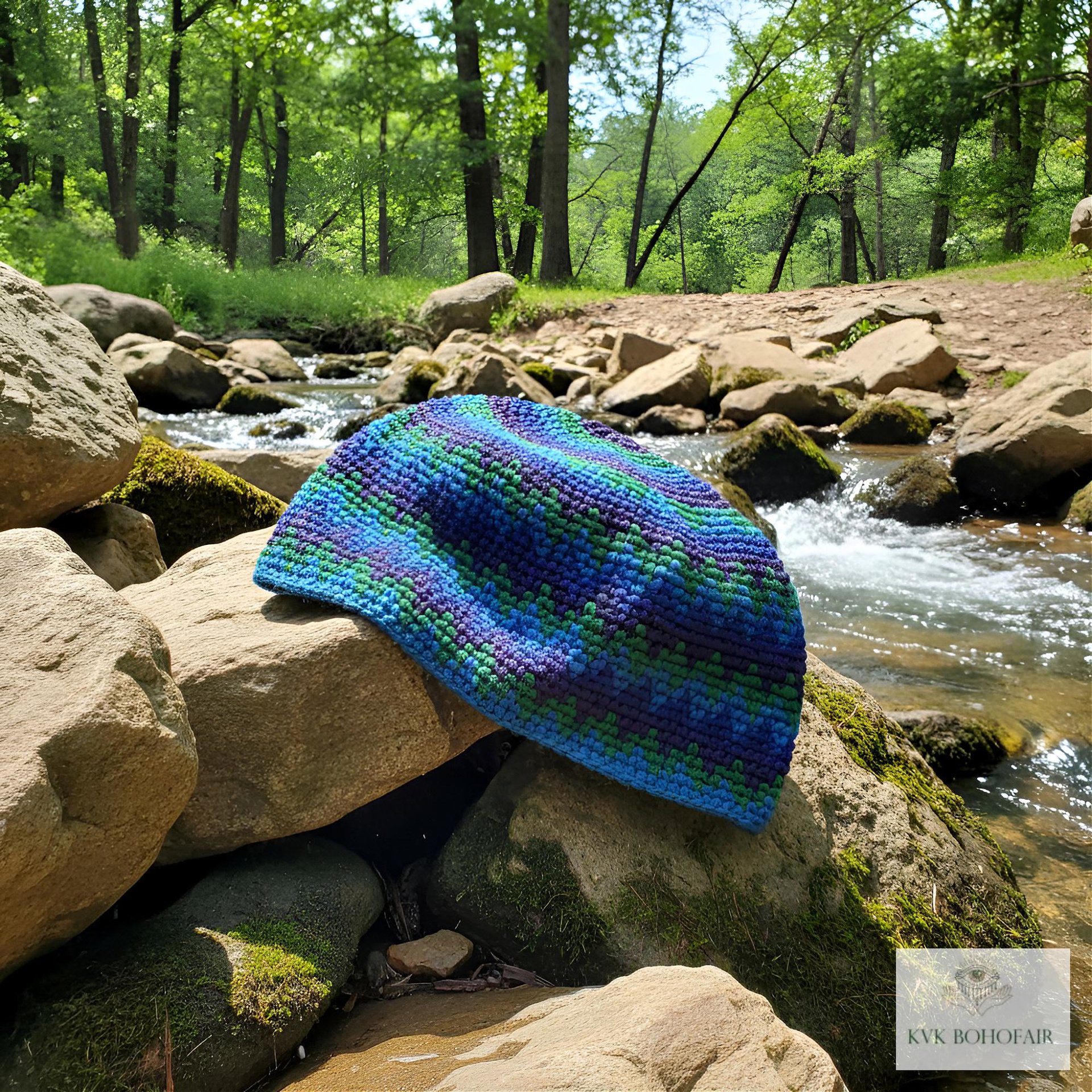 Blue Zig Zag Kufi Skull Cap - Crocheted Beanie Hat, Ethically sourced
