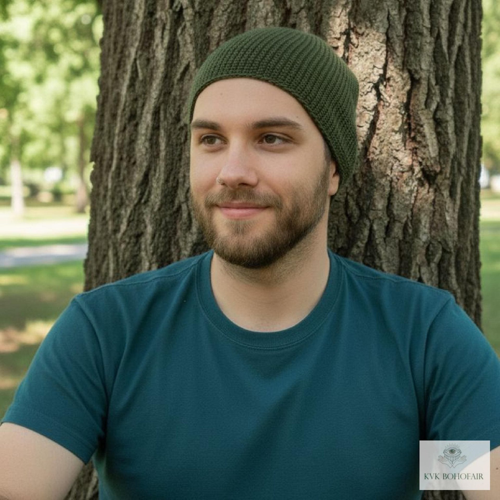 Olive Green Kufi Skull Cap - Crocheted Beanie Hat, Ethically sourced