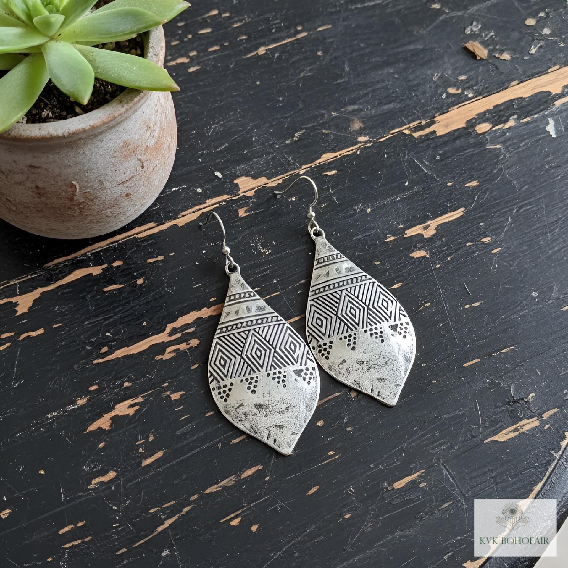 Silver Hammered Tribal Earrings: Boho Jewelry