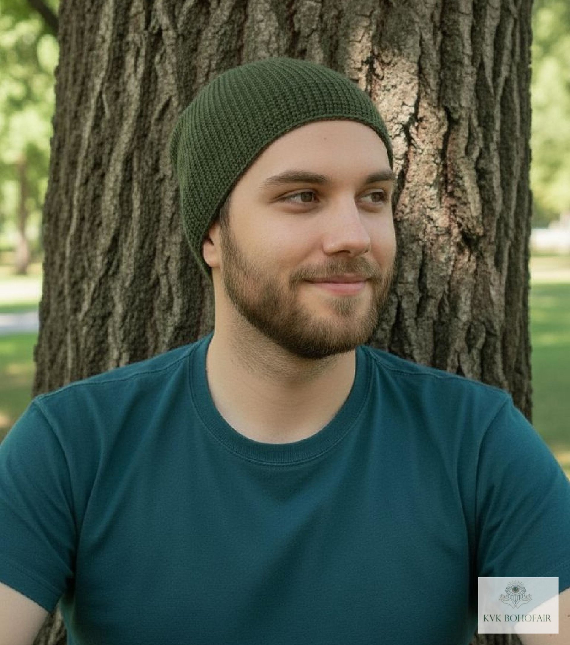 Olive Green Kufi Skull Cap - Crocheted Beanie Hat, Ethically sourced