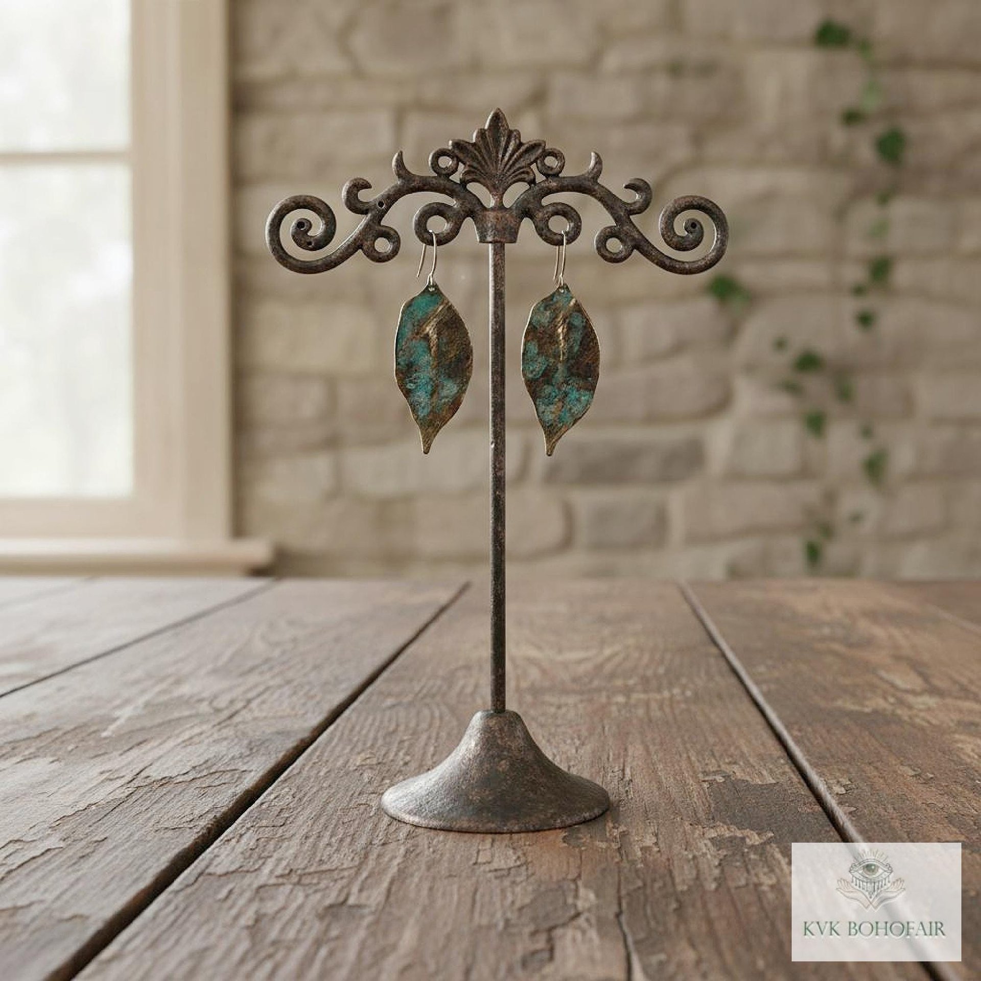 Patina Brass Leaf Earrings - Rustic Boho Jewelry