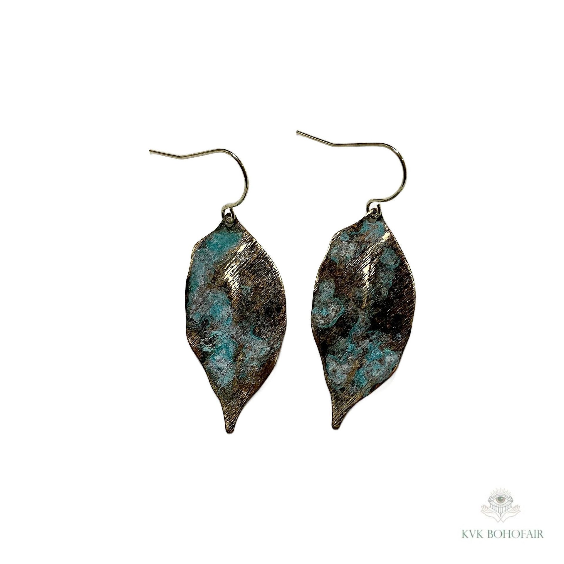 Patina Brass Leaf Earrings - Rustic Boho Jewelry
