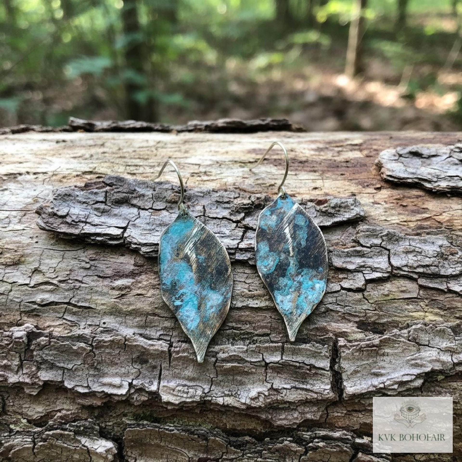 Patina Brass Leaf Earrings - Rustic Boho Jewelry