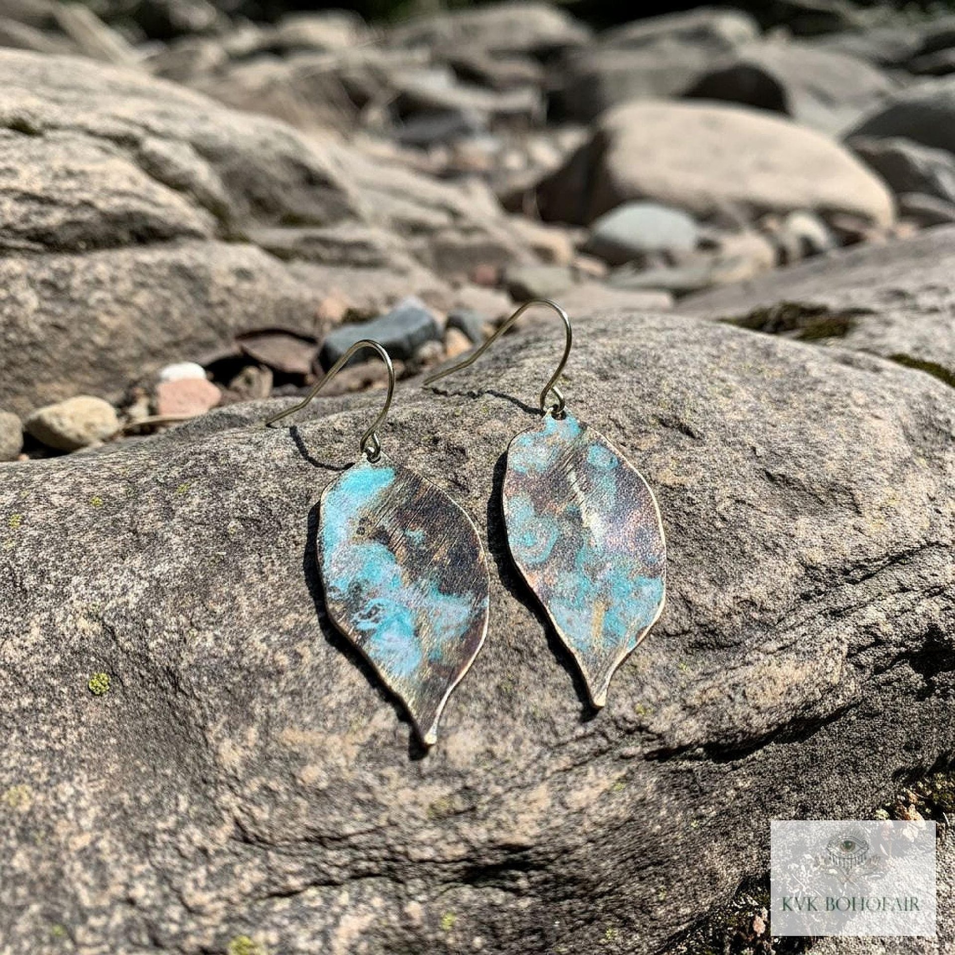 Patina Brass Leaf Earrings - Rustic Boho Jewelry