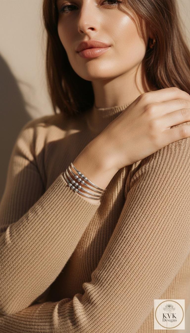 Hammered Silver Beaded Cuff Bracelet: Handcrafted Boho Jewelry