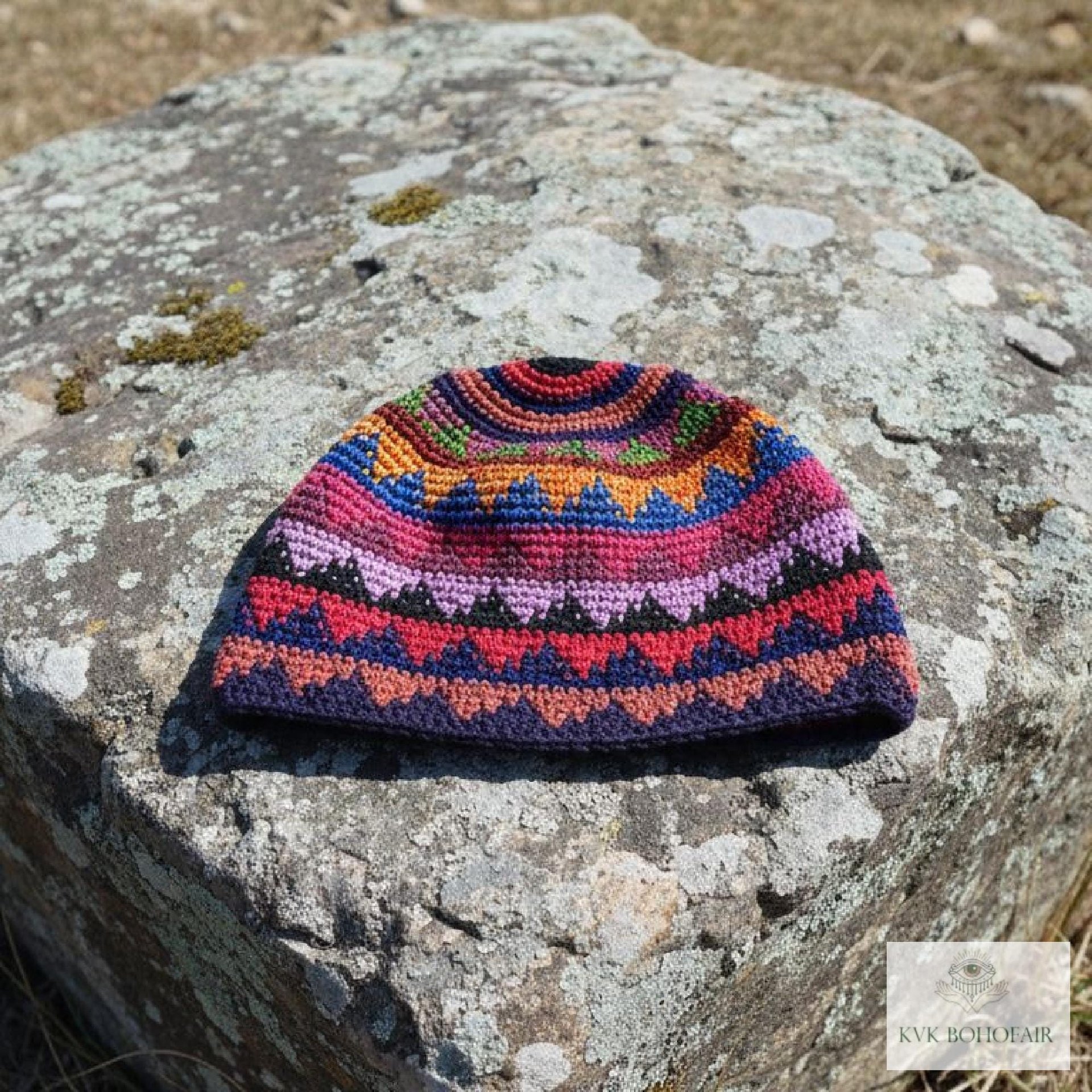 Bright Multi Color Kufi Skull Cap - Crocheted Beanie Hat, Ethically sourced