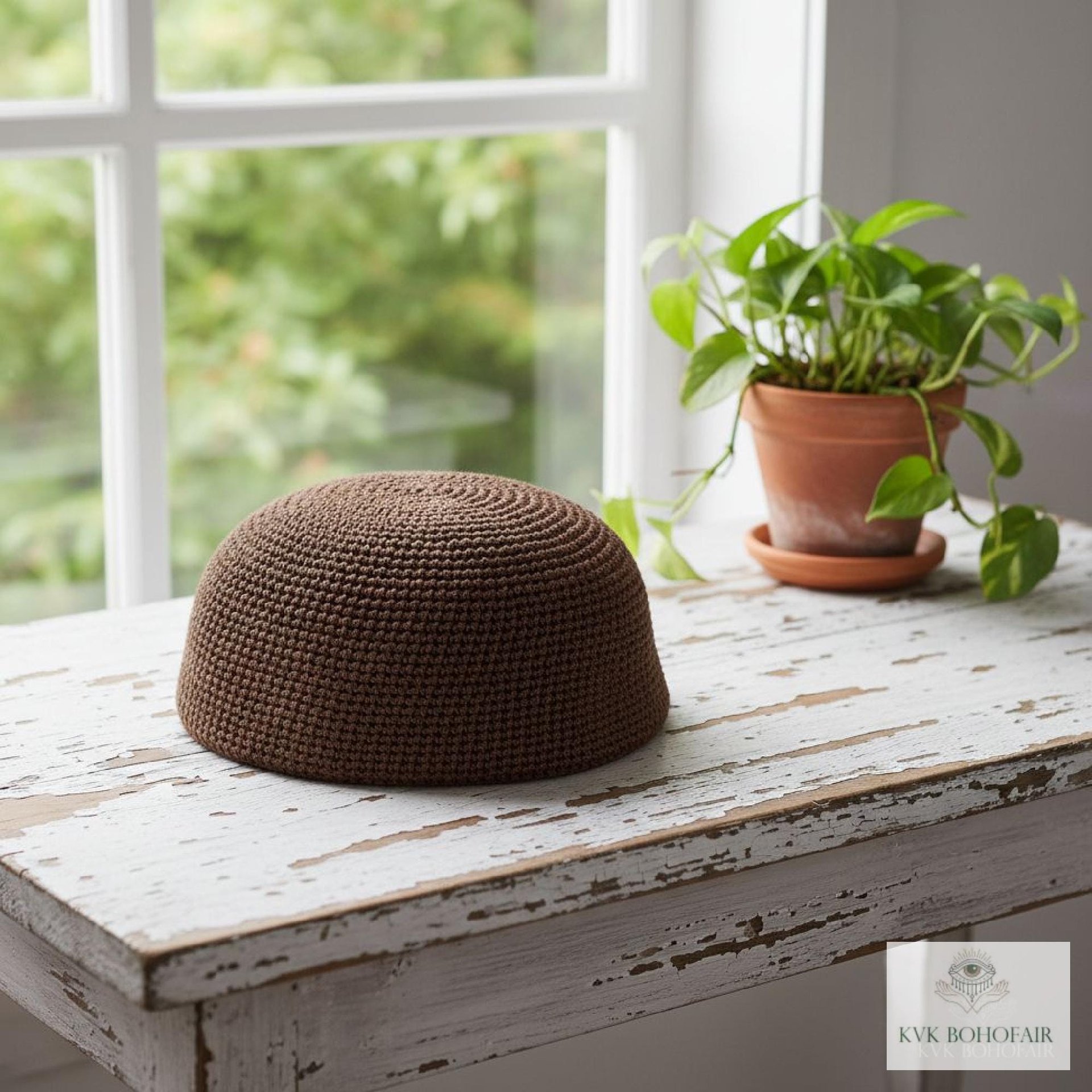 Brown Kufi Skull Cap - Crocheted Beanie Hat, Ethically sourced