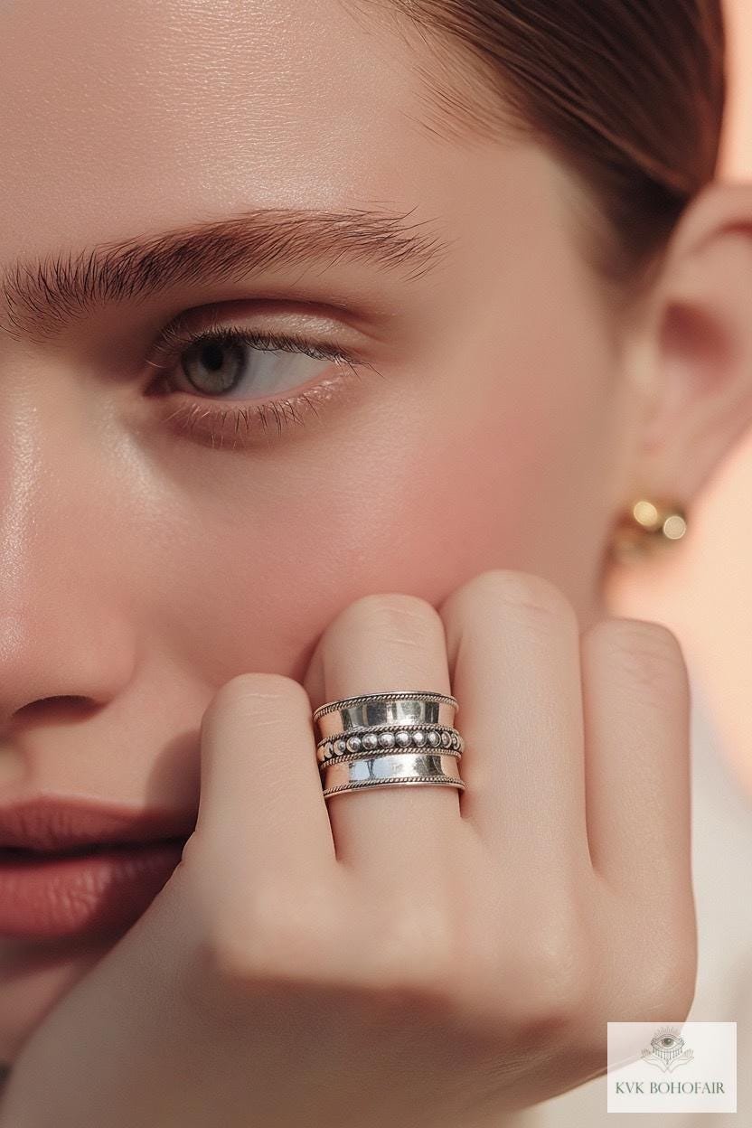 Sterling Silver Wide Band Ring: Boho Dot Detail, Handmade