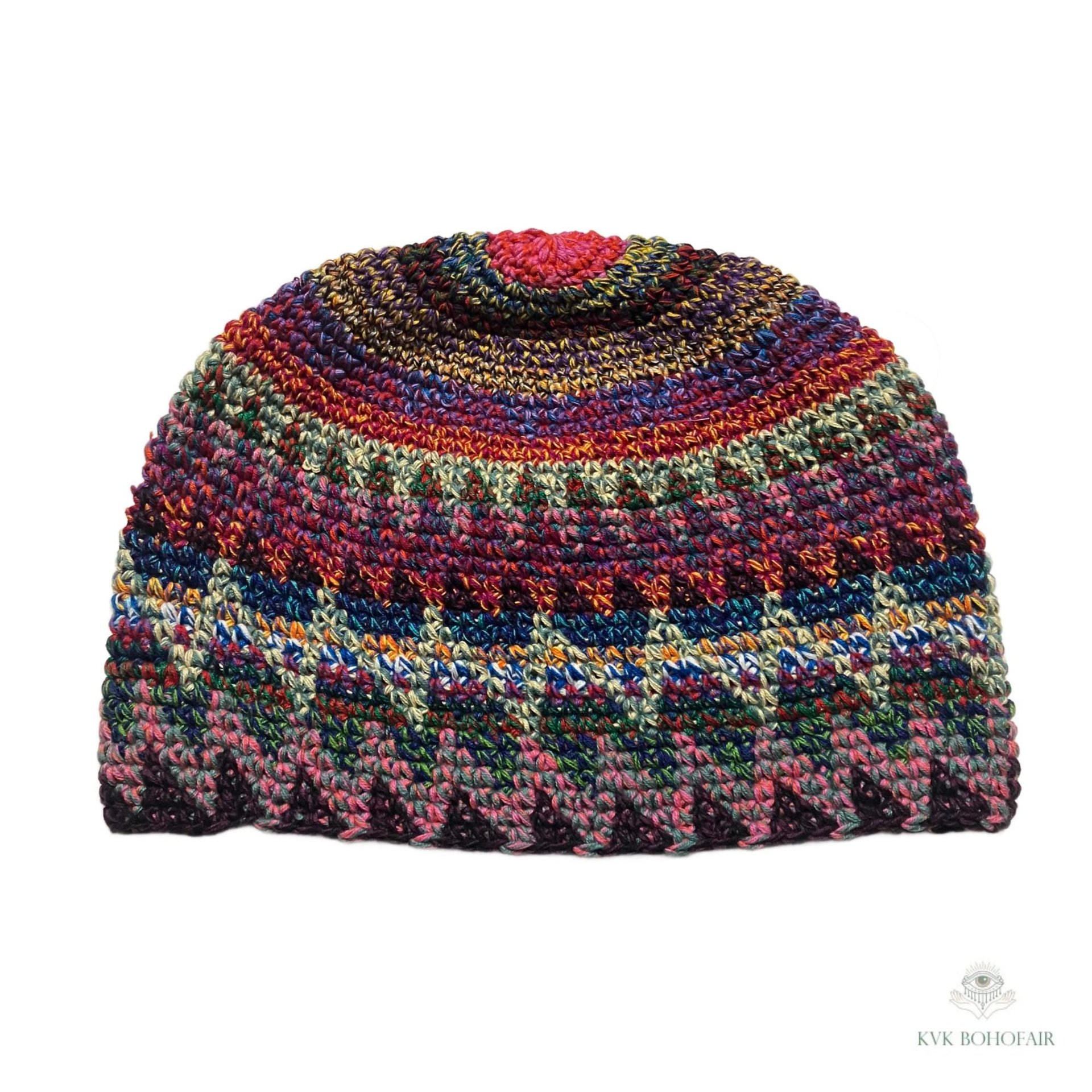 Bright Multi Color Kufi Skull Cap - Crocheted Beanie Hat, Ethically sourced