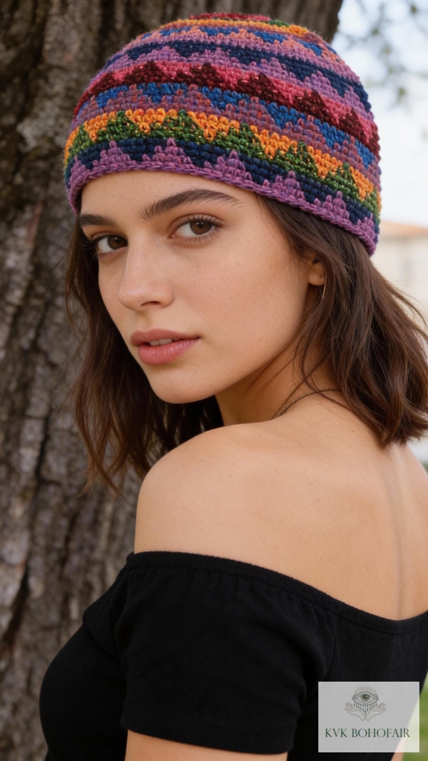 Bright Multi Color Kufi Skull Cap - Crocheted Beanie Hat, Ethically sourced