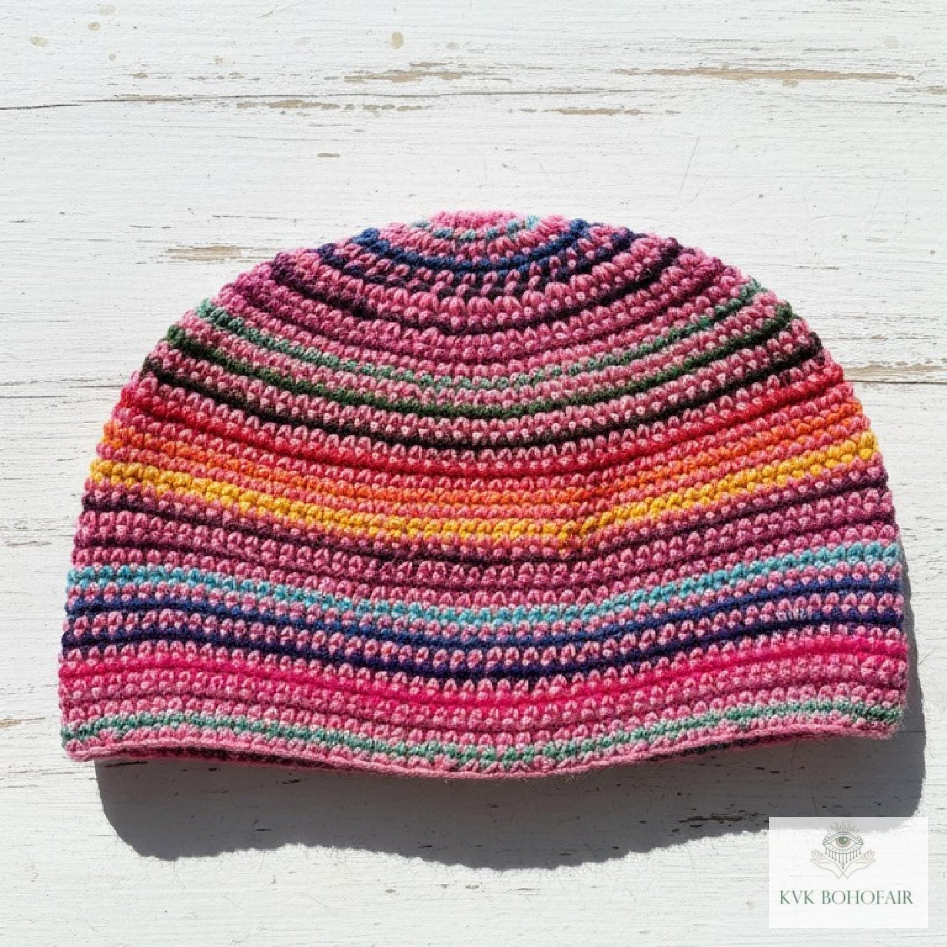 Pink Stripe Kufi Skull Cap - Crocheted Beanie Hat, Ethically sourced