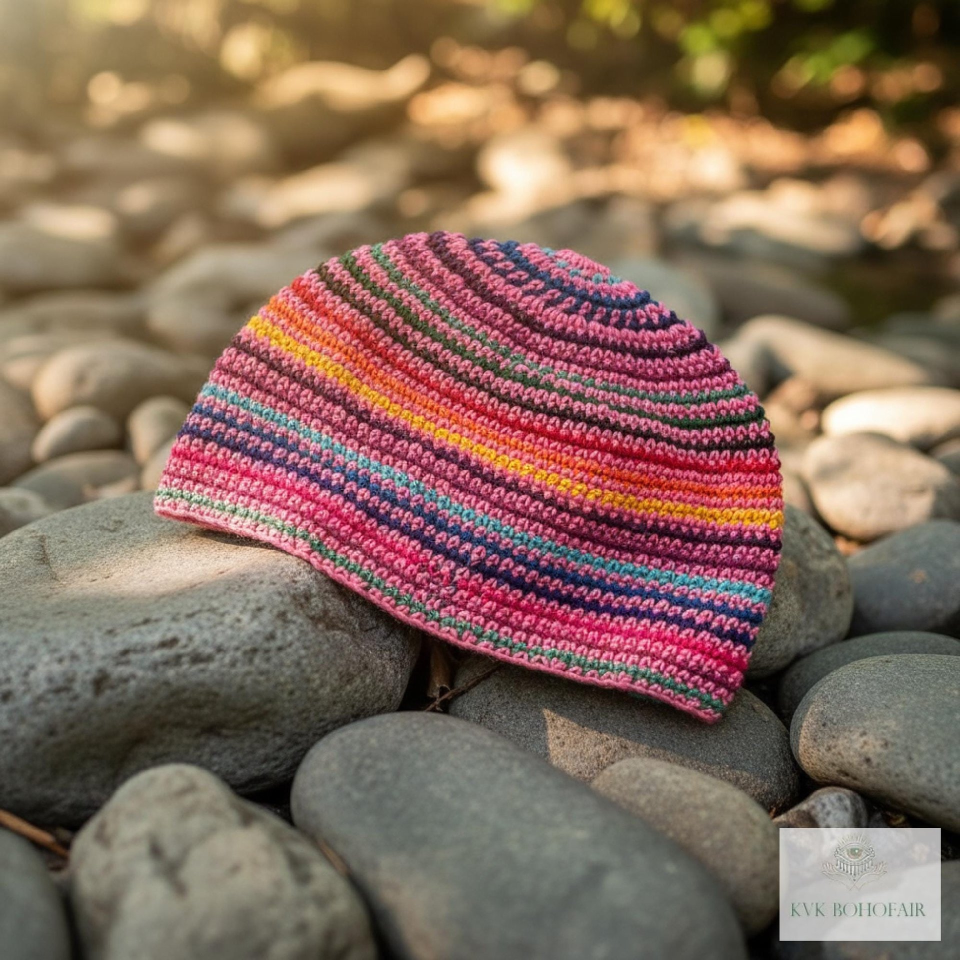 Pink Stripe Kufi Skull Cap - Crocheted Beanie Hat, Ethically sourced