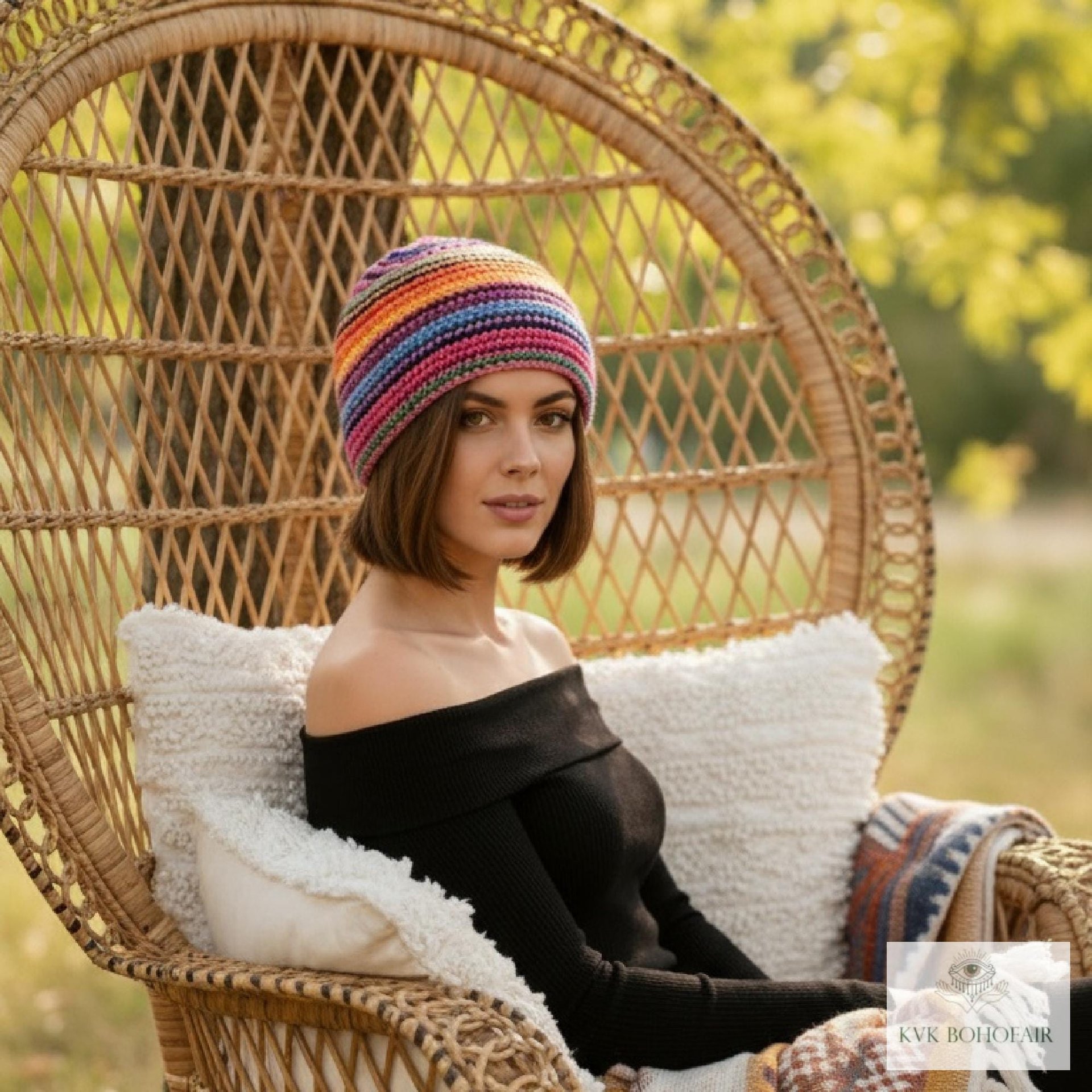 Pink Stripe Kufi Skull Cap - Crocheted Beanie Hat, Ethically sourced