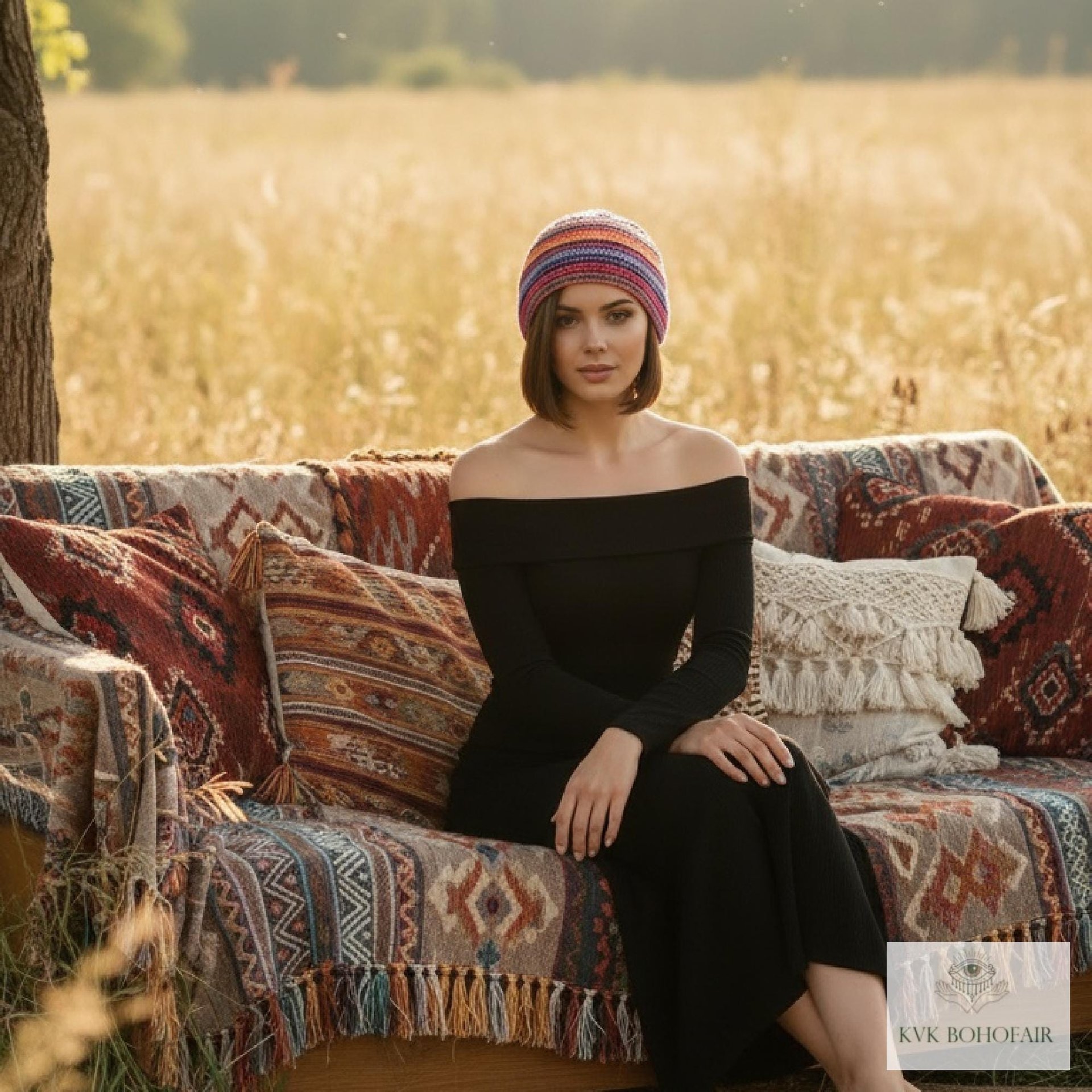 Pink Stripe Kufi Skull Cap - Crocheted Beanie Hat, Ethically sourced