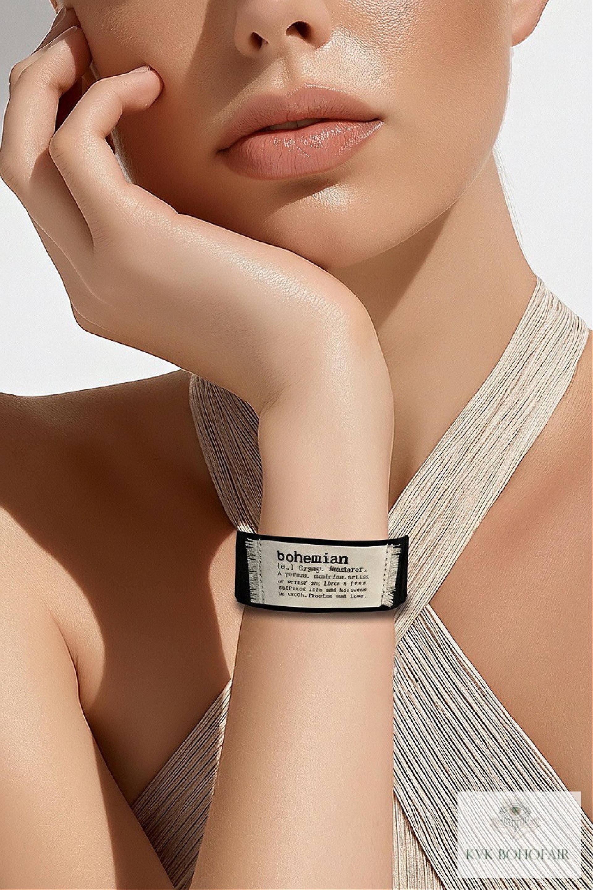 Black Suede Boho Cuff Bracelet - Cotton Fabric, Vintage Crochet, Button Closure