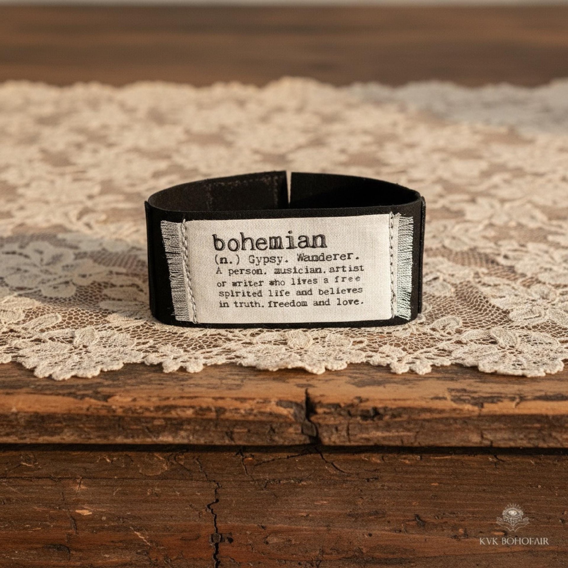 Black Suede Boho Cuff Bracelet - Cotton Fabric, Vintage Crochet, Button Closure