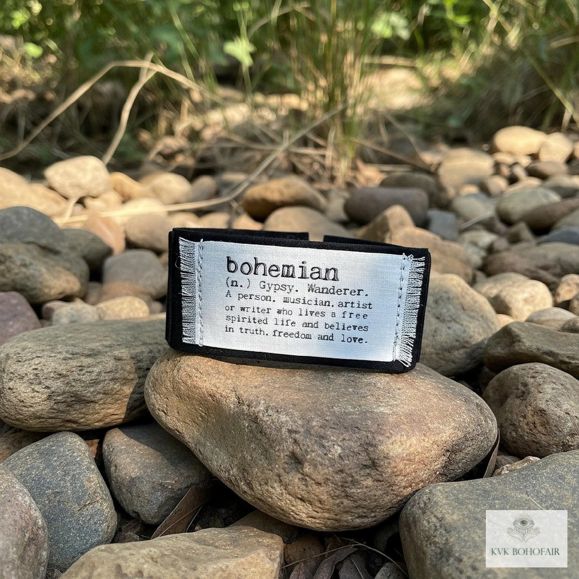 Black Suede Boho Cuff Bracelet - Cotton Fabric, Vintage Crochet, Button Closure